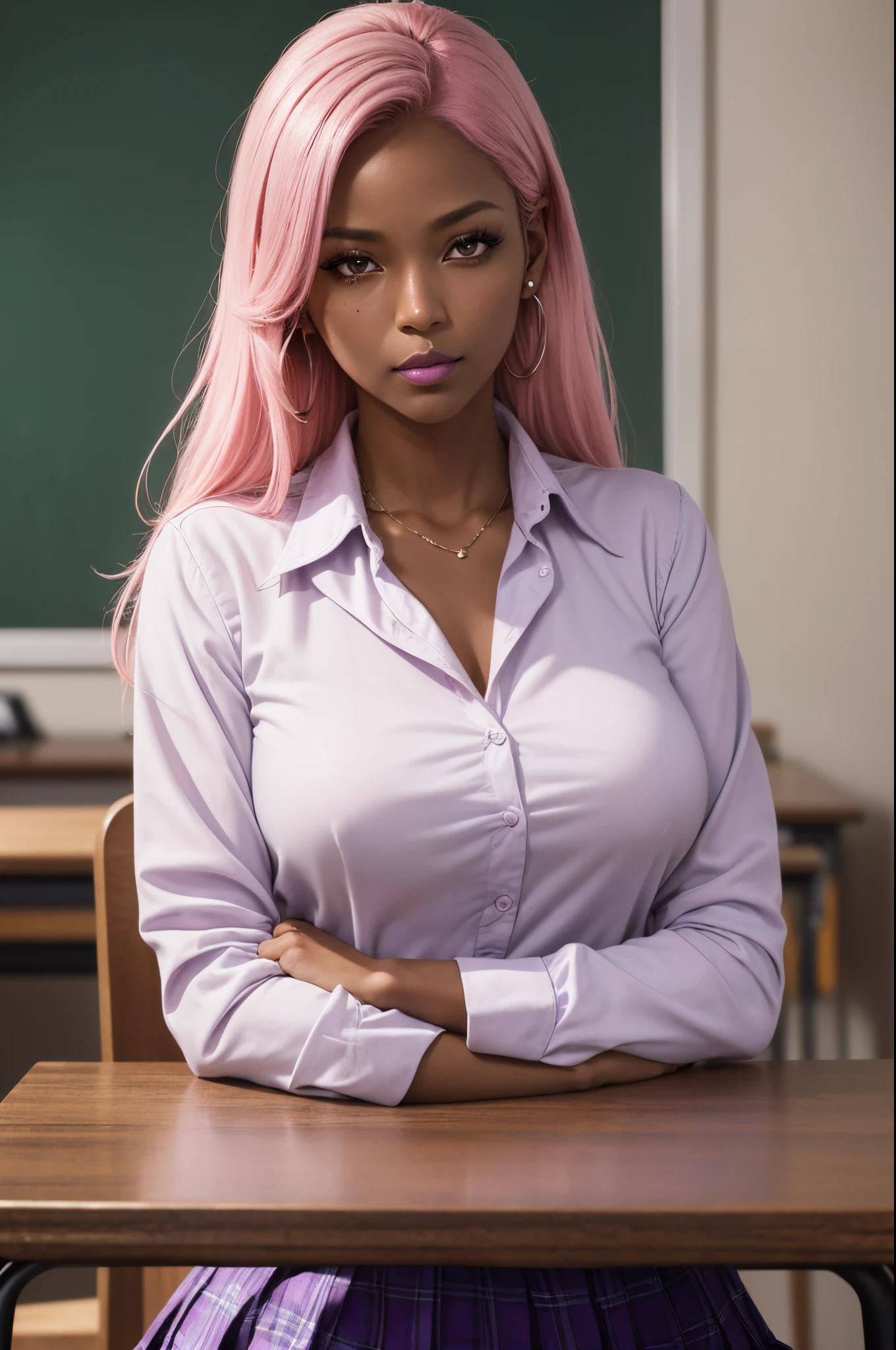 (masterpiece, highres, best quality:1.3), 8K, highly detailed, intricate, colorful, vibrant image, sharp focus, digital blending, 4K, trending on pixiv Ingrid, ((school uniform)), solo, mature female, 40yo, milf, curvy, (dark skinned female:1.15), dark skin, posing, classroom, table, chair, sitting, (expressionless:1.2), looking at viewer, cowboy shot, pink hair, very long hair, forehead, hair intakes, purple lipstick, makeup, mole under mouth, yellow eyes, perfect eyes, perfect face, ultra detailed hair, ultra detailed face, earrings, ultra detailed lips, large breasts, ultra detailed lipstick、Blushing、A little angry