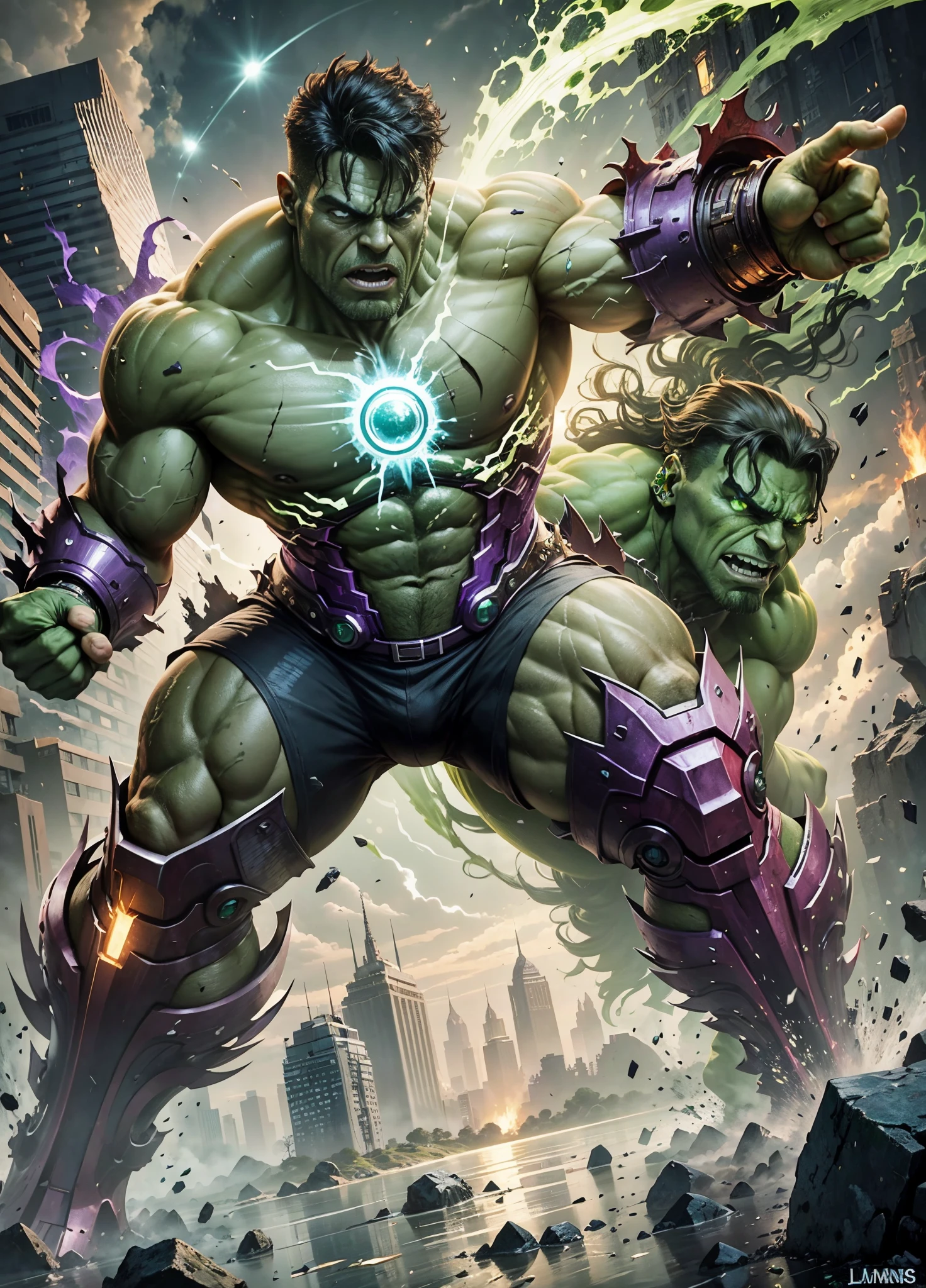 The green Iron Hulk  slamming Thanos who  wearing the Infinity Stone --auto --s2