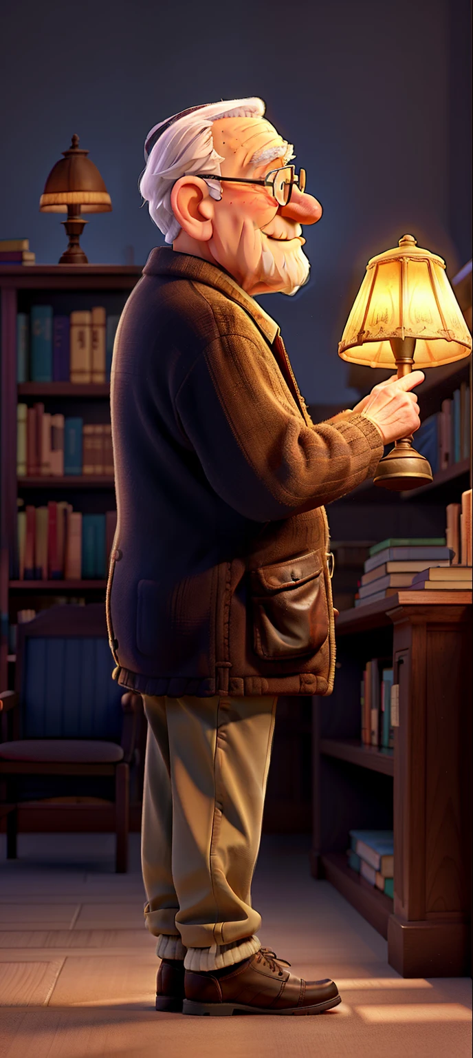 A wise old man standing in front, illuminated by the light of a lamp, against the backdrop of a library