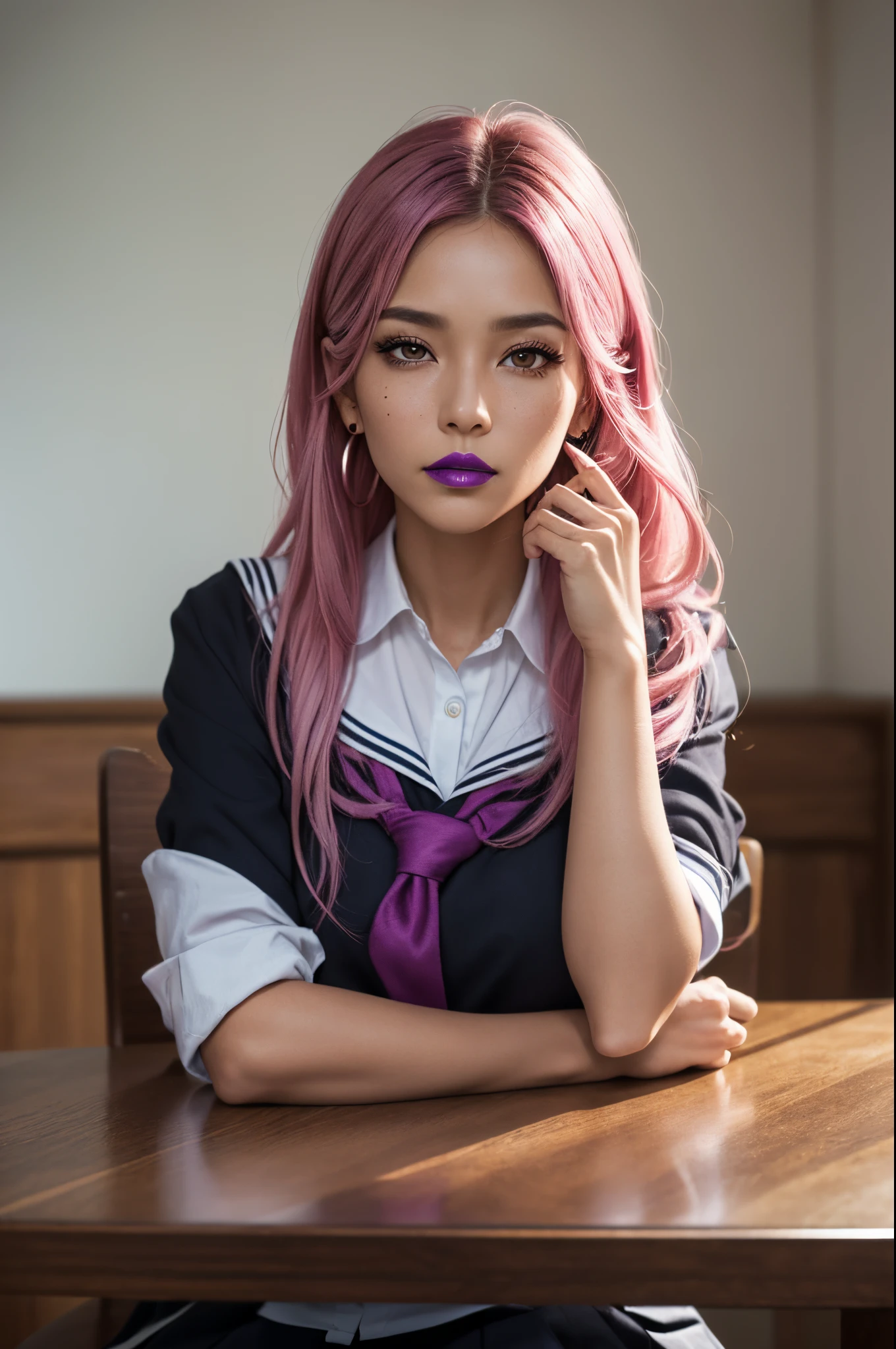 8K,(masutepiece, hight resolution, Best Quality:1.3), 8K, Highly detailed, Convoluted, colorful and vivid images, Sharp Focus, digital blending, 4K, Trending on pixiv Ingrid, ((School uniform)), Solo, 40 year old curve, (dark skinned female: skin tanned, Posing, crass room, The table, Chair, Warizari, (deadpan:1.2), Looking at Viewer, Cowboy Shot, Pink hair, Very long hair, Ode, Hair intake, Purple Lipstick, makeup, mole under mouth, Perfect, perfect face, ultra-detailed hair, hyperdetailed face, earrings, hyperdetailed lips, large super detailed lipstick,超A high resolution,super realistic skin,