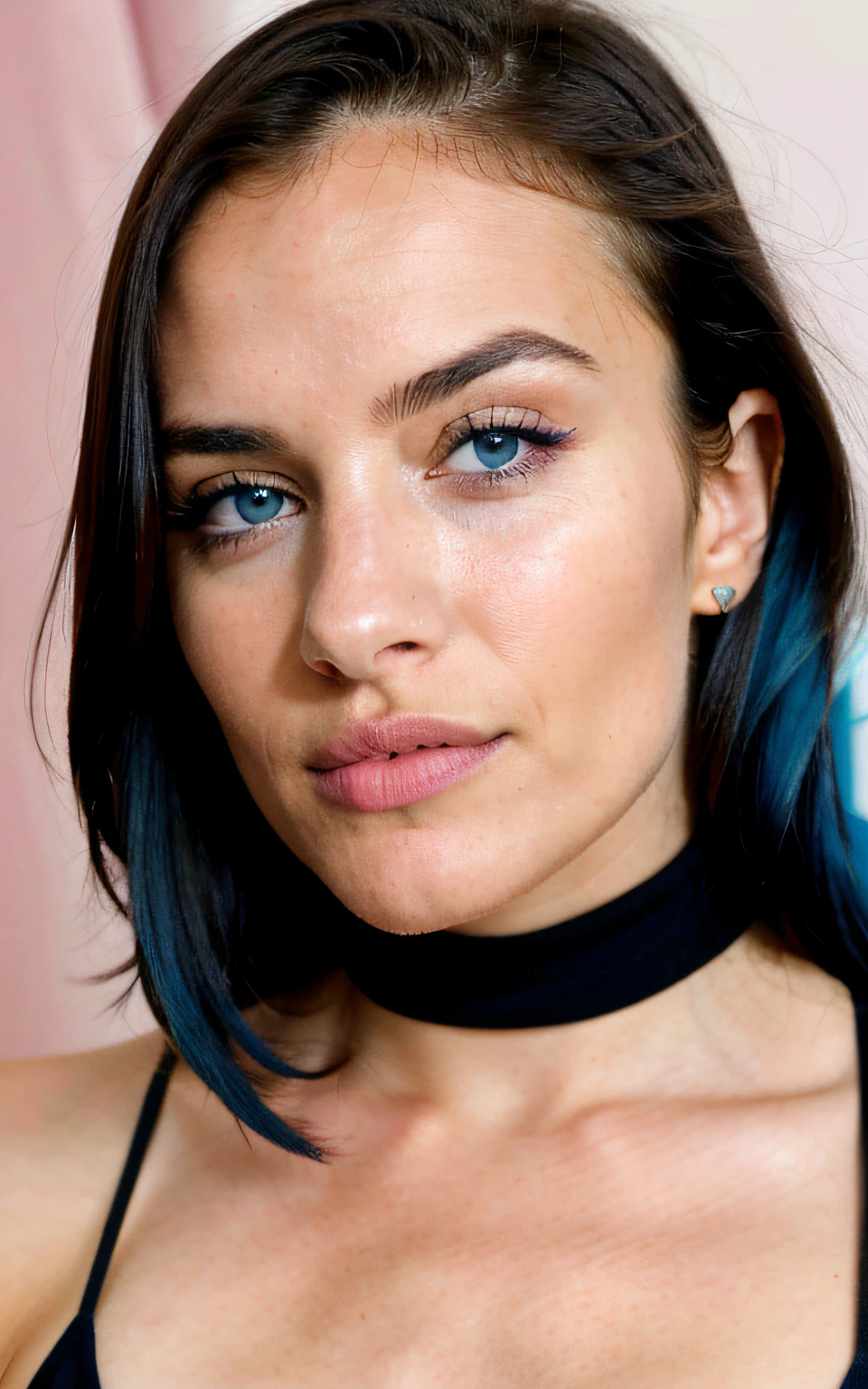 Photorealistic, Best Quality, hyper detailed, a closeup of a, Portrait, looking a viewer, Head straight towards the camera ,better shadow ,beautiful sexy fitness girl, 21 old years, young girl, blue eyes, symmetrical beautiful face, Blue hair, Almond eye , full lips , hairsh, Knotted back, young girl, 20 years old, face, girl
