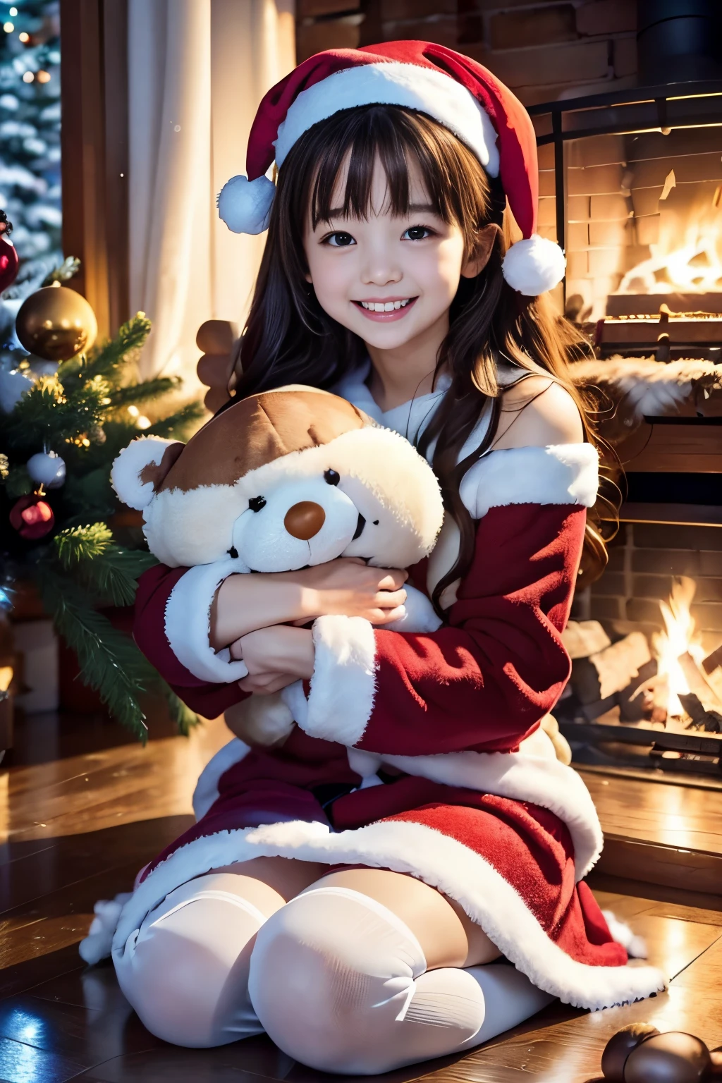 (Best Quality,4K,hight resolution,masutepiece:1.2),Realistic,Christmas,girl (),Hugging a big teddy bear,stuffed animal,Wear warm clothes,Snow falling in the background,Winter wonderland,Joyful expression,Magical atmosphere,Soft lighting,Vivid colors,Happiness,laught,Welcoming environment,Warmth,Smiling eyes,Curly hair,Shimmering decoration,Twinkling lights,toy train set,wrapped present,Rooftop with Santa Claus and reindeer flying in the distance,magic snowflake,christmas tree with ornaments,log cabin,curl up near the fireplace,hot chocolate with marshmallows,Peace and quiet,Excitement and anticipation,Snowy landscape,childhood innocence,Enchanted moments,Playful laughter,Upholstered stockings,Rest god,love and togetherness.thighs thighs thighs thighs、off shoulders