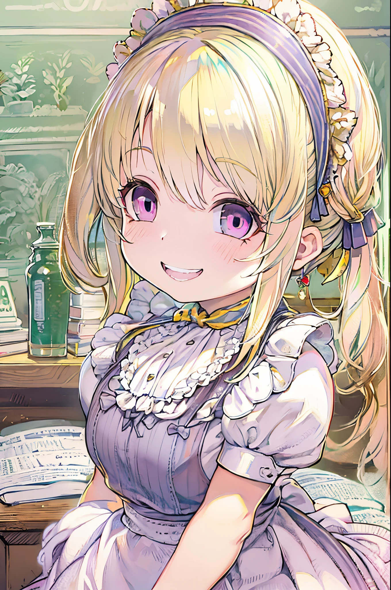 maid, Blonde hair, Purple eyes, Smiling