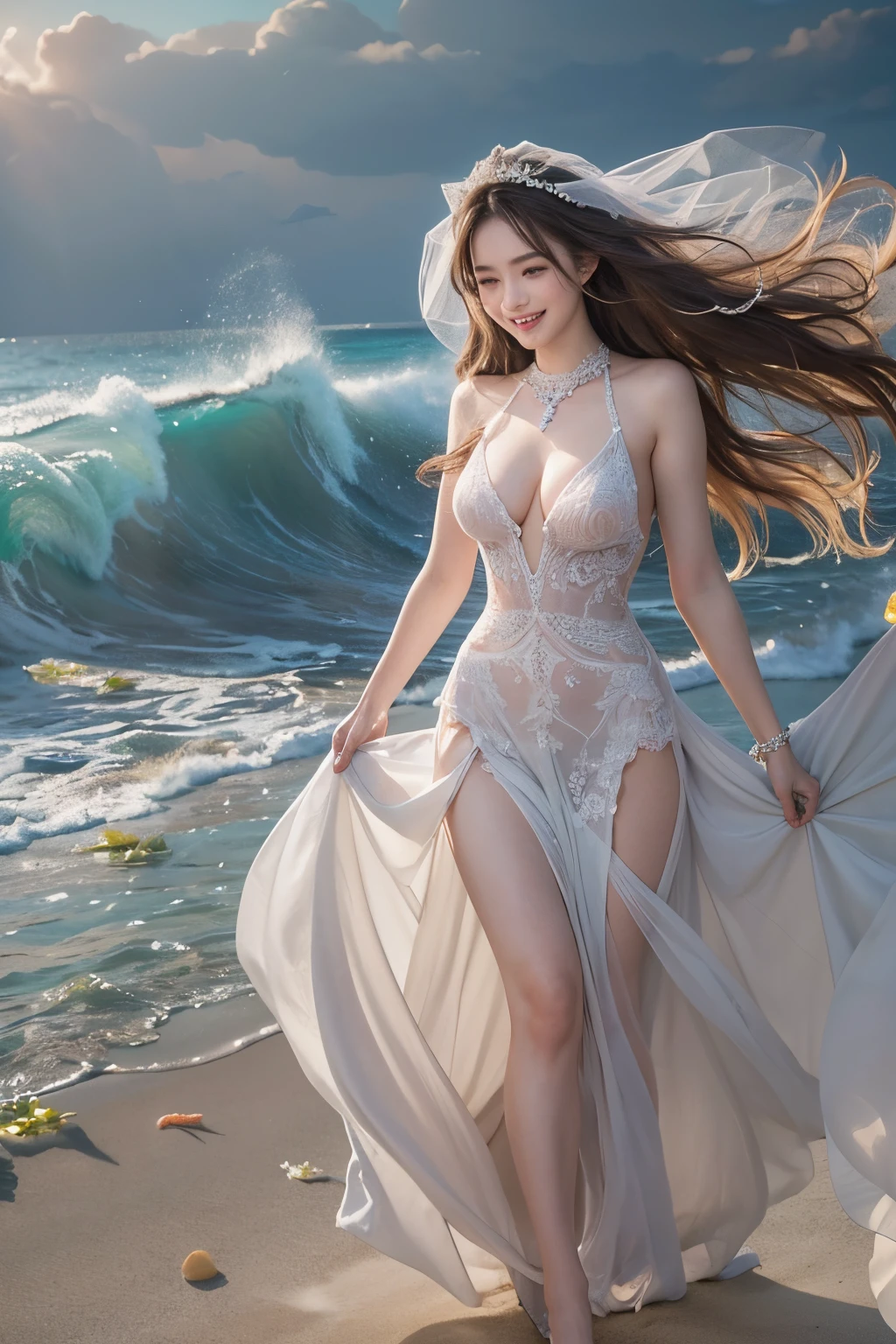 ((8K、masterpiece、RAW Photos、Live action、best qualtiy、A hyper-realistic:1.2))、(Highest Quality: 1.2)、high-definition RAW color photography、Professional Photography、Beautuful Women、独奏、Detailed eyes and mouth、(large boob:1.2)、(Beautiful Wedding Dresses:1.3)、A charming smile、Narrow waist、Erotic、intricate detailes、(Beautiful ocean behind:1.2)、Beautiful lighting、Detailed mouth、Textured skin、Super Detail、high detailing、High quality、hight resolution、full body Esbian、beautiful hairl、、Fancy lighting、happily laughing、vivid、Her hair and dress flutter beautifully in the wind.、Walking along the sandy beach