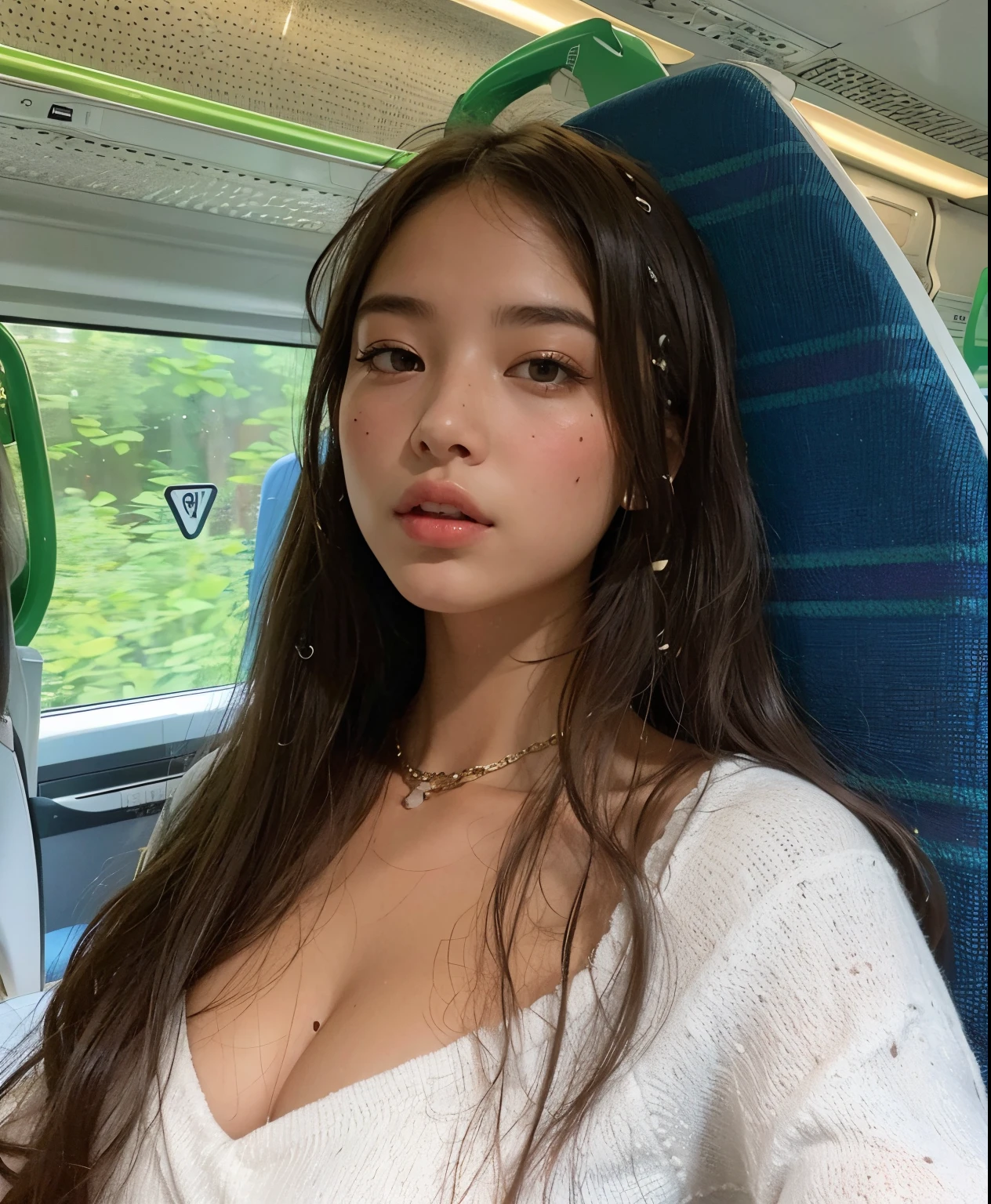Araffada woman with long hair sitting on a bus looking at camera., Retrato Sophie Mudd, con cabello largo y ojos penetrantes, Asian girl with long hair, Basia Tran, con el pelo largo, Violeta Myers, she has olive brown skin, hermosa poarch, Retrato de Demi Rose, su cabello largo y liso, a young asian woman