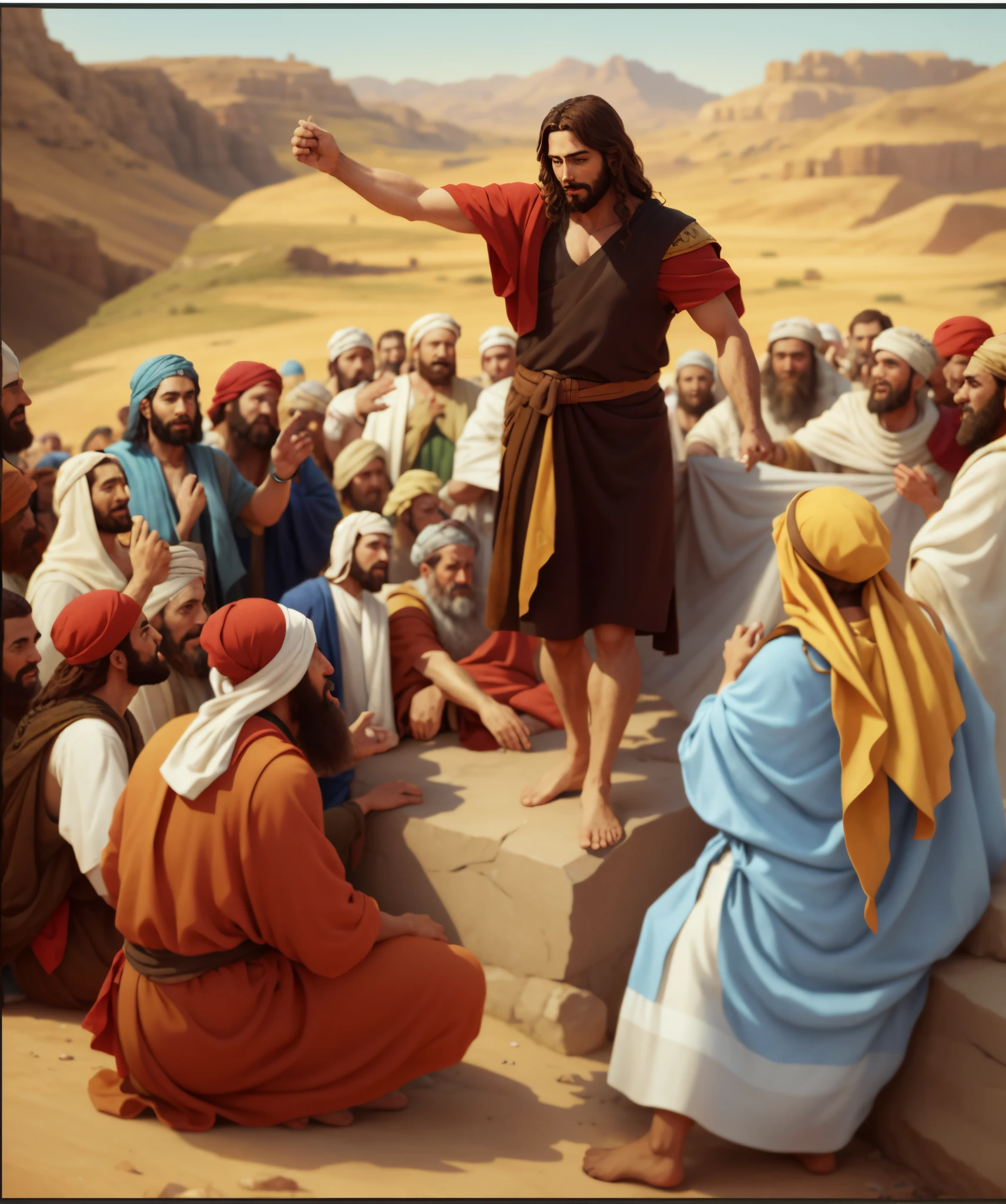 Jesus em frente a um grupo de pessoas, bible illustration, biblical art style, biblical art, biblical image, epic biblical representation, biblical painting, Ancient Biblical, moses, sermon of philistine greed, Directed by: Sidney Simon, Directed by: Bernard Meninsky, Directed by: Joseph Henderson, Directed by: Scott M. Fischer, biblical clothing, Directed by: Leonardo Longo, aumentar nitidez e textura, aumentar realismo 8k