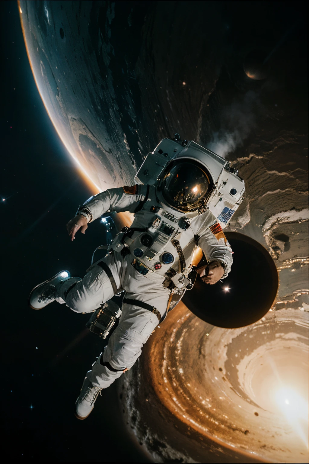 Imagem de um astronauta em traje espacial, free fall towards a black hole, with emphasis on a noticeable temporal distortion around you. Convey a sense of wonder and mystery as the individual approaches the point of no return.