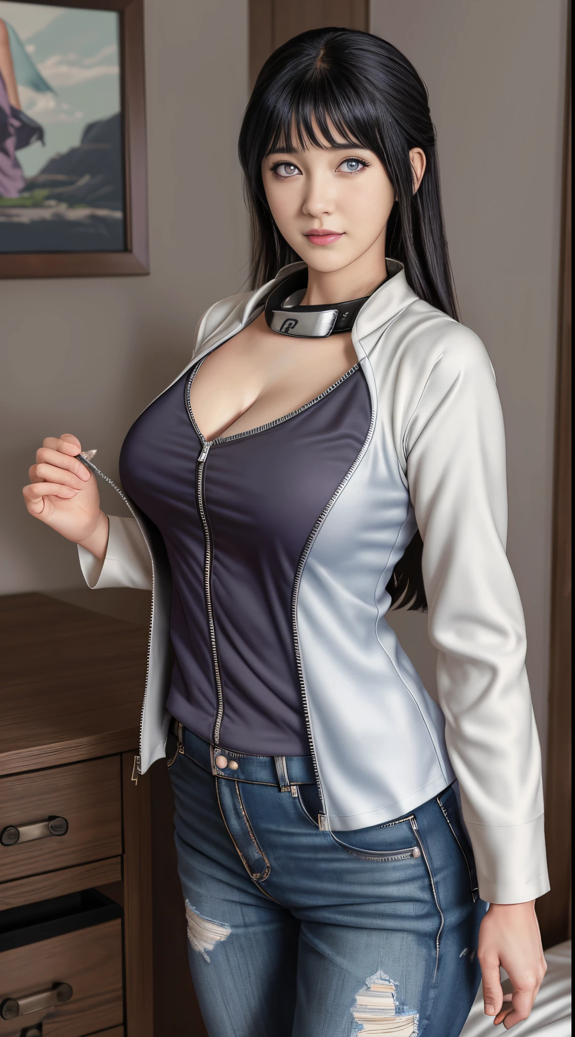 Masterpiece, highres, high Quality, detailed face, detailed body render, 1girl, solo, hyuuga hinata, hinata-sleeveless-outfit, large breasts, big breast, sleeveless shirt, fishnet top, dark lips, unzipped jacket, no bra, breasts out, nipple, standing, blushes, (on bedroom)