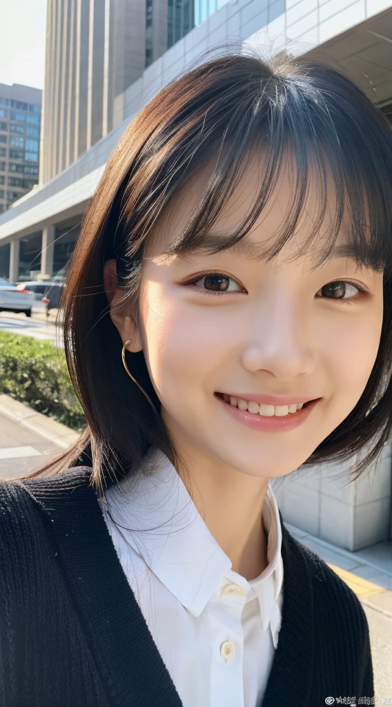 Top image quality、​masterpiece、Beautuful Women、japanes、25-years old、In front of the station、（masuter piece：1.3）、（8k、Photorealsitic、RAW Photography、top-quality：1.4）、（1girl）、美丽的面容、（lifelike face）、（A dark-haired、realisticeyes、Beautiful details、（real looking skin）、Sweaters、absurderes、enticing、ultra res、A hyper-realistic、high detal、the golden ratio、a smile、dual