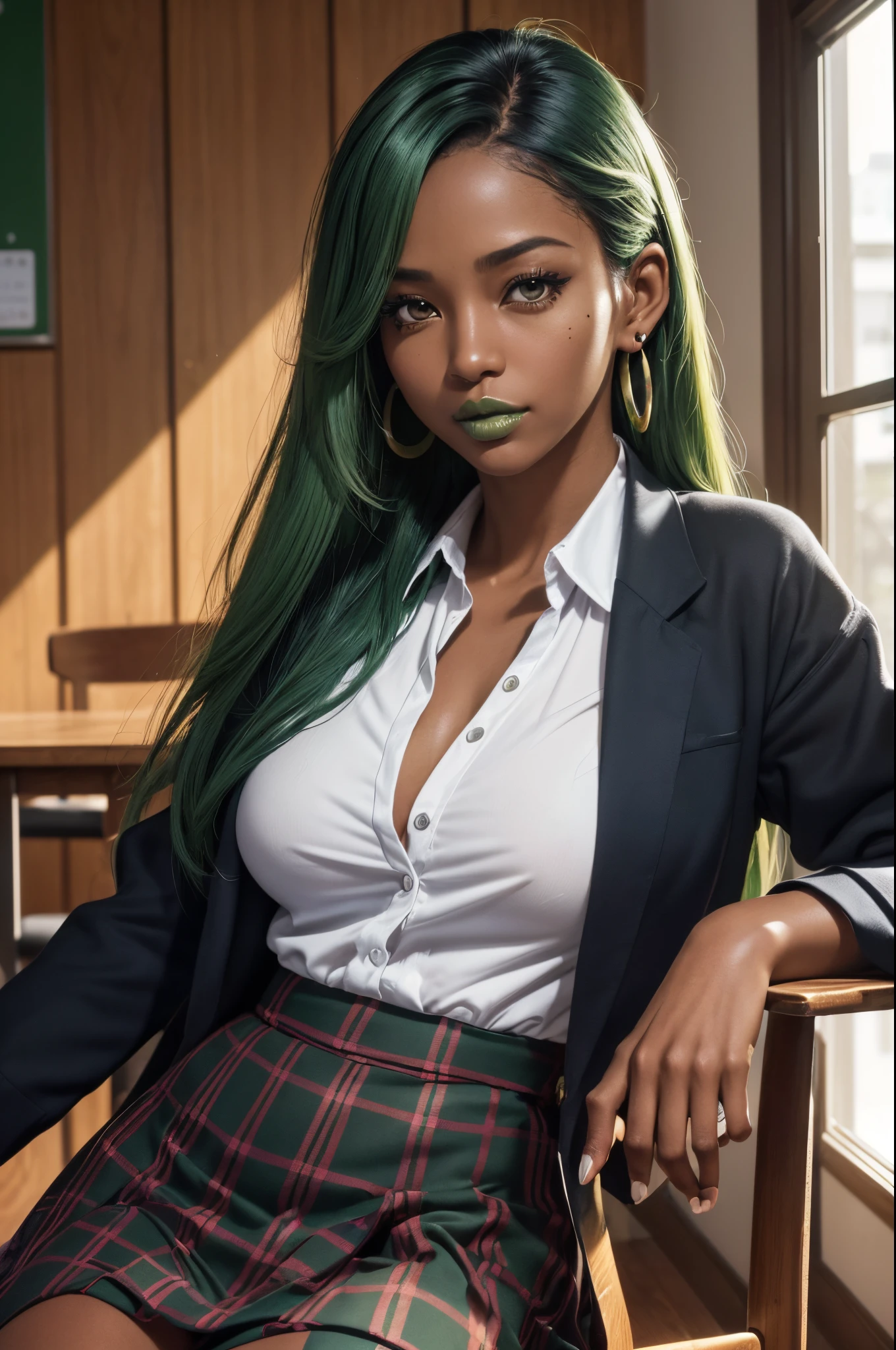 8K,(masutepiece, hight resolution, Best Quality:1.3), 8K, Highly detailed, Convoluted, colorful and vivid images, Sharp Focus, digital blending, 4K, Trending on pixiv Ingrid, ((School uniform)), Solo, 40 year old curve, (dark skinned female: skin tanned, Posing, crass room, The table, Chair, Warizari, (deadpan:1.2), Looking at Viewer, Cowboy Shot, Green hair, Very long hair, Ode, Hair intake, Green lipstick, makeup, mole under mouth, Perfect, perfect face, ultra-detailed hair, hyperdetailed face, earrings, hyperdetailed lips, large super detailed lipstick,超A high resolution,super realistic skin,