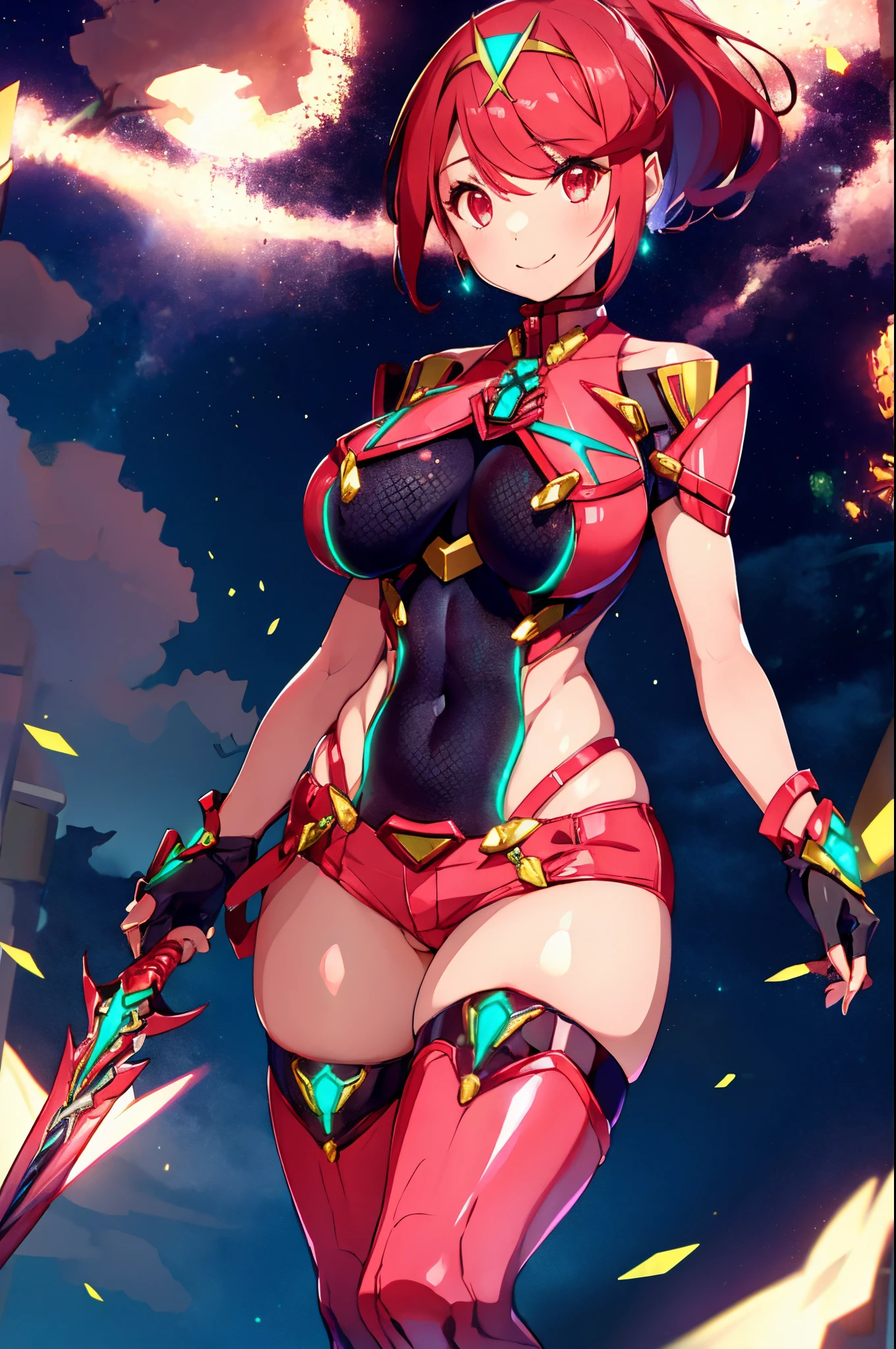 pyra \(xenoblade\), teen_1girl, loli, bangs, black gloves, breasts, red eyes, shout, earrings, eyelashes, fingerless gloves, floating hair, , gem, gloves, hair ornament, headpiece, jewelry, gigantic_breasts, leaning back, swimsuit, neon trim, official art, pose, red hair, saitou masatsugu, short hair, sidelocks, skin tight, solo, swept bangs, thighhighs, tiara, fantasy_town_background, underbust, xenoblade chronicles \(series\), (xenoblade chronicles 2), (spread_legs:1.1), fire_effect,dynamic_pose,fighting,light_smile, (plump:1.1), big_ass,huge_sword, hold_large_sword_hilt, covered_nipples, covered_pussy, fists,ponytail,beautiful_fingers,(solo:1.1), bare_shoulder,(shoulder_naked:1.2), nipple_jewel,back, back_view, focus_ass,ass, (very_short＿shorts:1.3),(lise_leg:1.4)