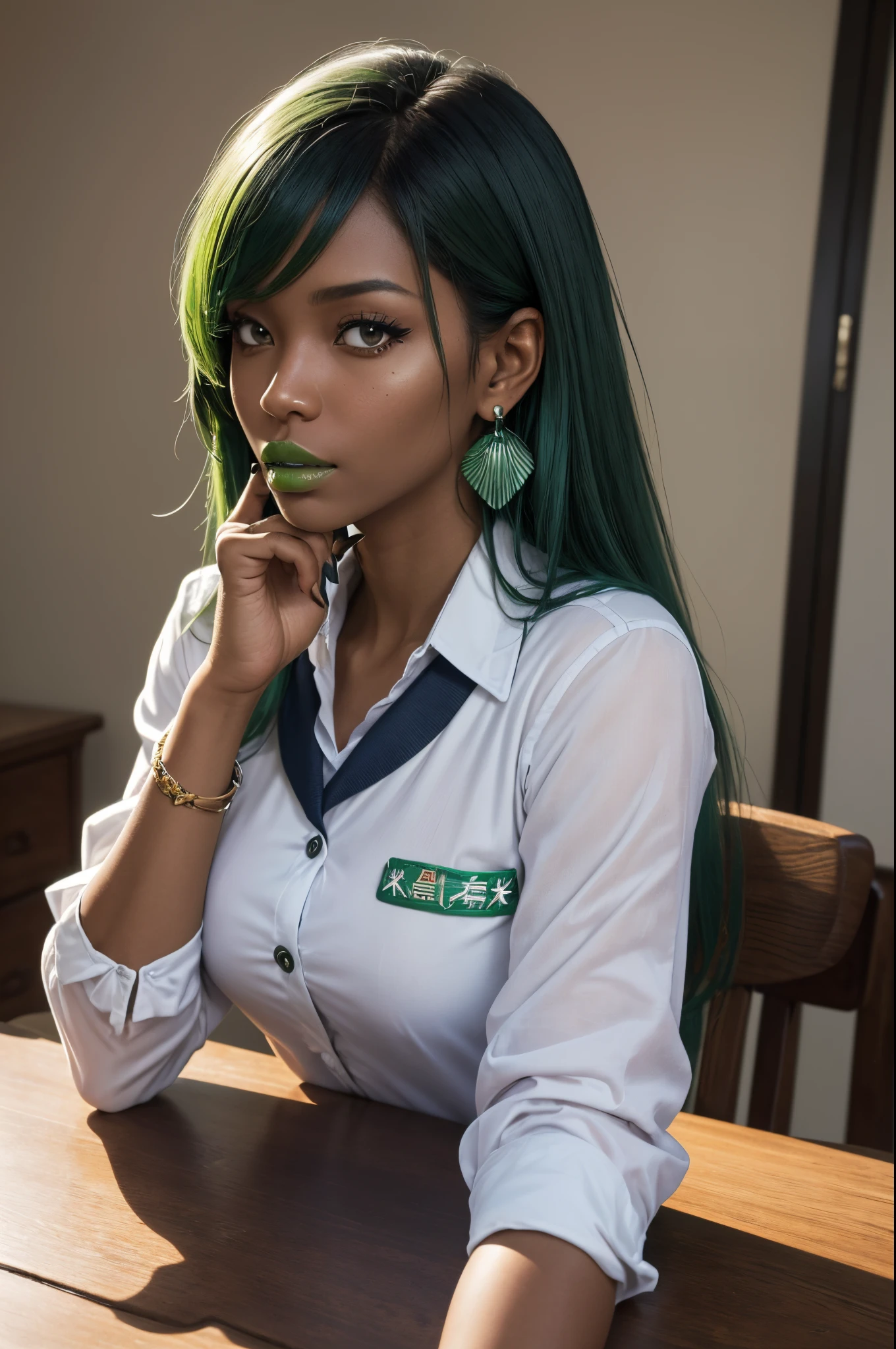 8K,(masutepiece, hight resolution, Best Quality:1.3), 8K, Highly detailed, Convoluted, colorful and vivid images, Sharp Focus, digital blending, 4K, Trending on pixiv Ingrid, ((School uniform)), Solo, 40 year old curve, (dark skinned female: skin tanned, Posing, crass room, The table, Chair, Warizari, (deadpan:1.2), Looking at Viewer, Cowboy Shot, Green hair, Very long hair, Ode, Hair intake, Green lipstick, makeup, mole under mouth, Perfect, perfect face, ultra-detailed hair, hyperdetailed face, earrings, hyperdetailed lips, large super detailed lipstick,超A high resolution,super realistic skin,