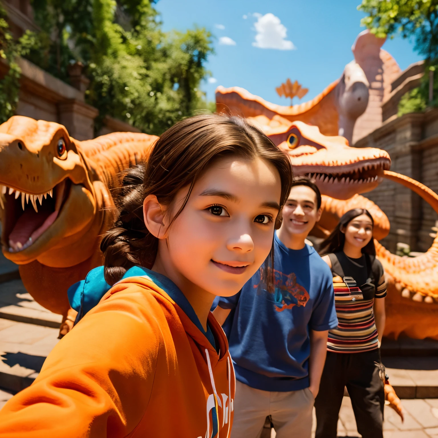 The boy taking a selfie with a dinosaur in the background in the Disney Pixar poster has brown hair with a center parting and is wearing an orange sweatshirt.。The girl next to me has semi-long black hair in a bun and is wearing an orange sweatshirt.。Number of people is 2。