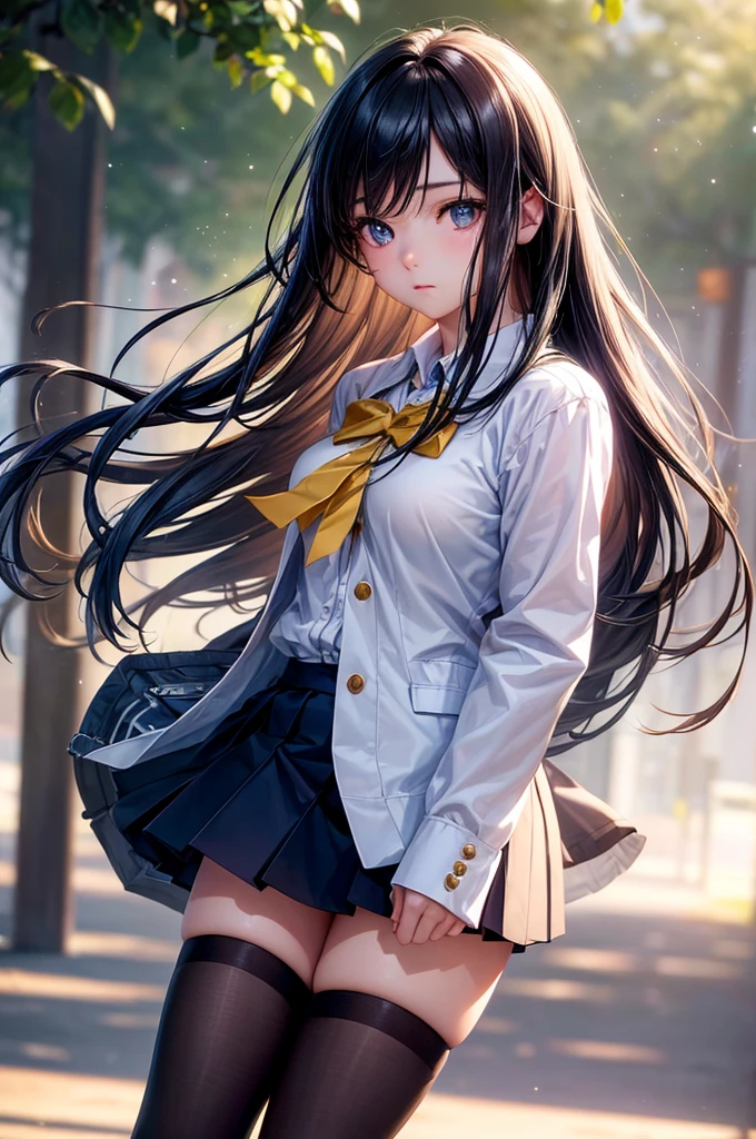 (8K, Best Quality, masutepiece:1.2), (Realistic, Photorealsitic:1.37), Ultra-detailed,Best Quality, 超A high resolution, Professional Lighting, Photon mapping, Physically-based rendering, Cinematic lighting, galaxy ocean,depth of fields, Sharp Focus,sun beam, Good composition,(Bokeh:1.2) 1girl in,Solo,(Full body), (Closed mouth),Beautiful detailed eyes, beautiful girl pose, Narrow waist,High School Uniforms, Black hair,hair messy,long hair floating in the wind,(ulzzang-6500:1.2), mix4, hiqcgbody,Glitter