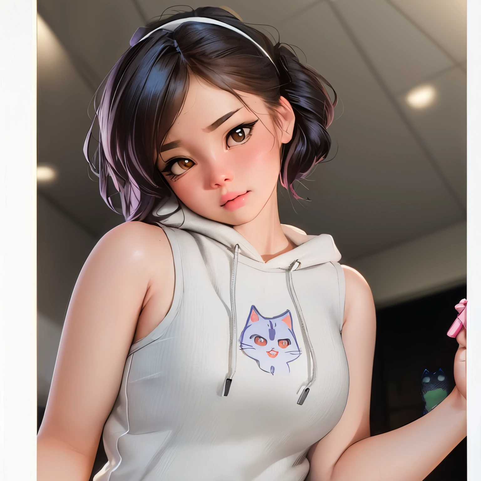 there a woman with a cat headband holding a cell phone, realistic anime 3 d style, kawaii realistic portrait, anime style. 8k, realistic artstyle, artwork in the style of guweiz, anime styled 3d, 8k high quality detailed art, smooth anime cg art, realistic anime art style, photorealistic anime girl render, realistic anime artstyle