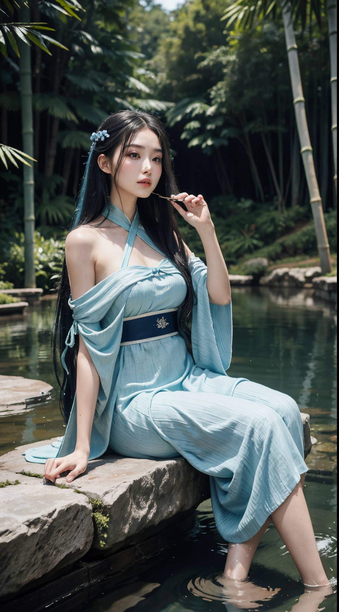Masterpiece, best quality, official art, 8k wallpaper, very detailed, illustration,old woman wearing ancient dress drinking in the fountain at the forest, chinese style, ink, sky blue hair, long hair, detailed eyes, forrest fun, bare shoulders, hanfu, lake, pure, soft smile, bamboo, tea