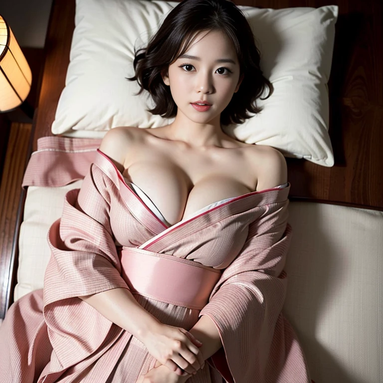 best quality, masterpiece, very high quality, (realistic photo:1.4), raw photo, (best photo:1.4), (short wavy hair:1.3), solo, (Japanese woman  wearing japanese's kimono), only wearing kimono, in bedroom, ((lie on one's back:1.4)), off shoulder, (angle from above), cleavage exposure, (shoulder exposure), pillow, random sexy expression, random sexy pose, (perfect composition:1.1), (perfect kimono)