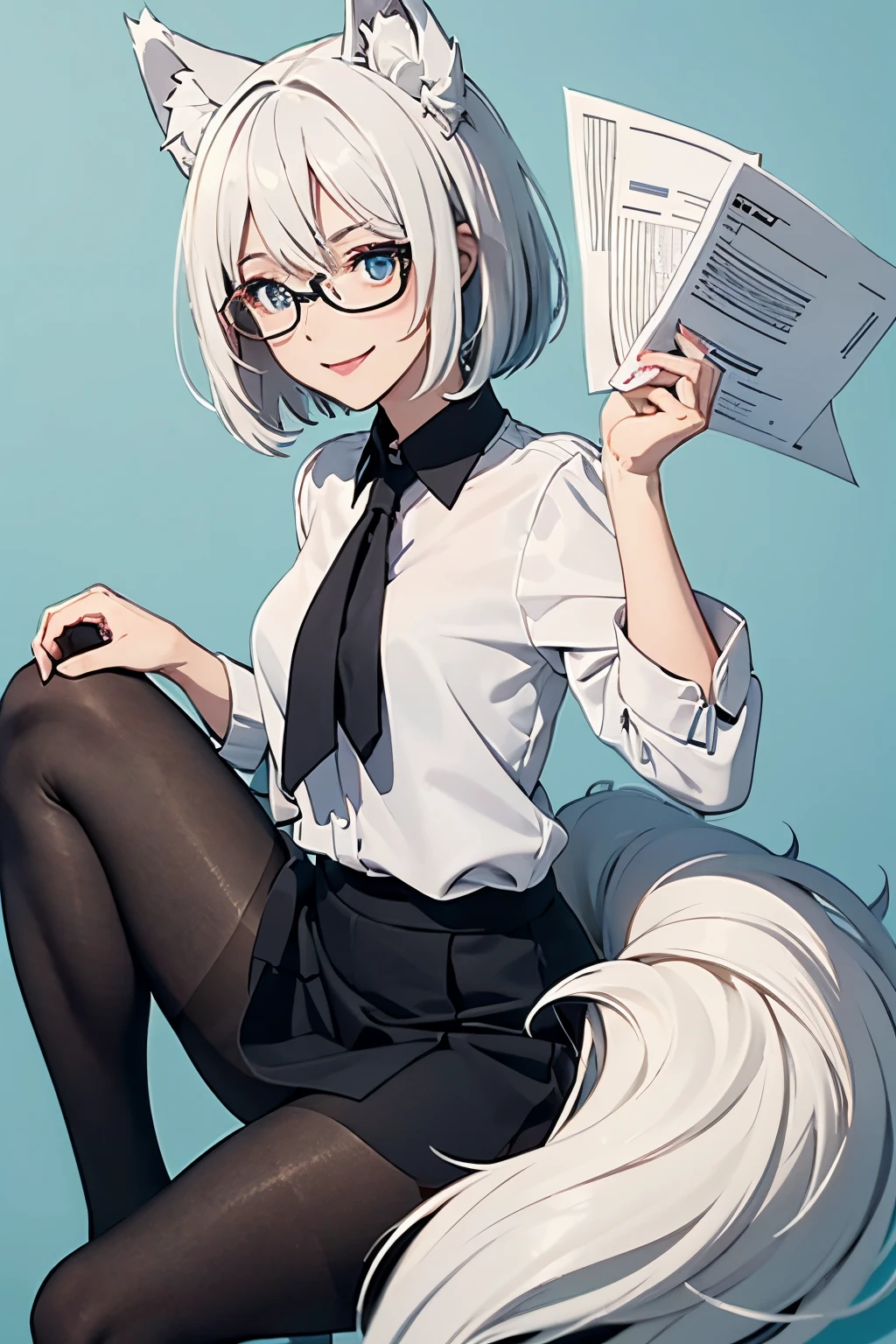 masutepiece　high-level image quality　Top image quality　8K　 Lady（Soio）　portlate　Officelady　blouse　tight skirts　pumps　panthyhose（（Nero）（pantyhose）（Thick））　Wolf ears　short-cut（（White hair）（fluffly））　Eye color is blue　Background with（s Office）　is standing　a smile　Have documents　eye glasses（Black rim）