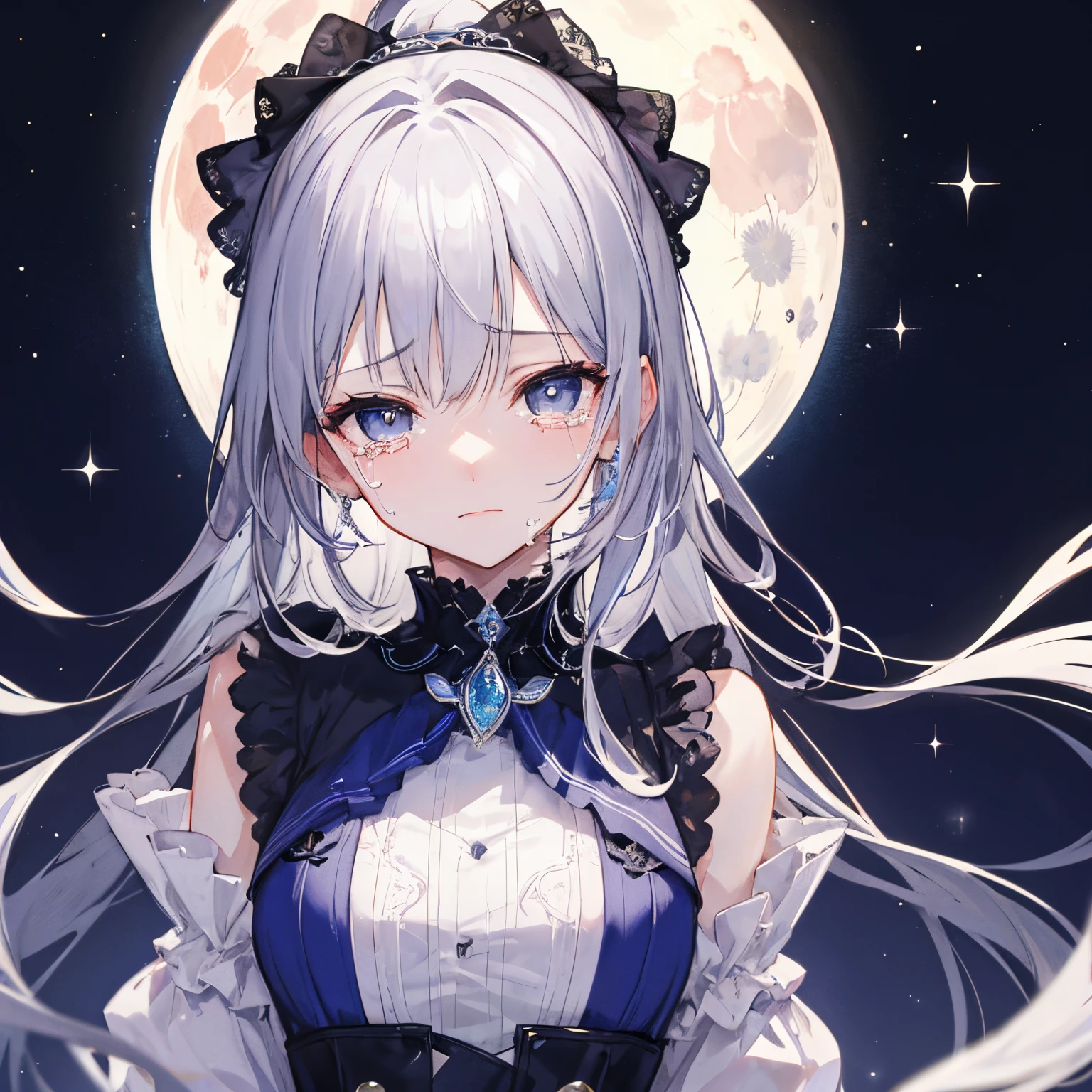 A silver beautiful girl crying under the moonlight
