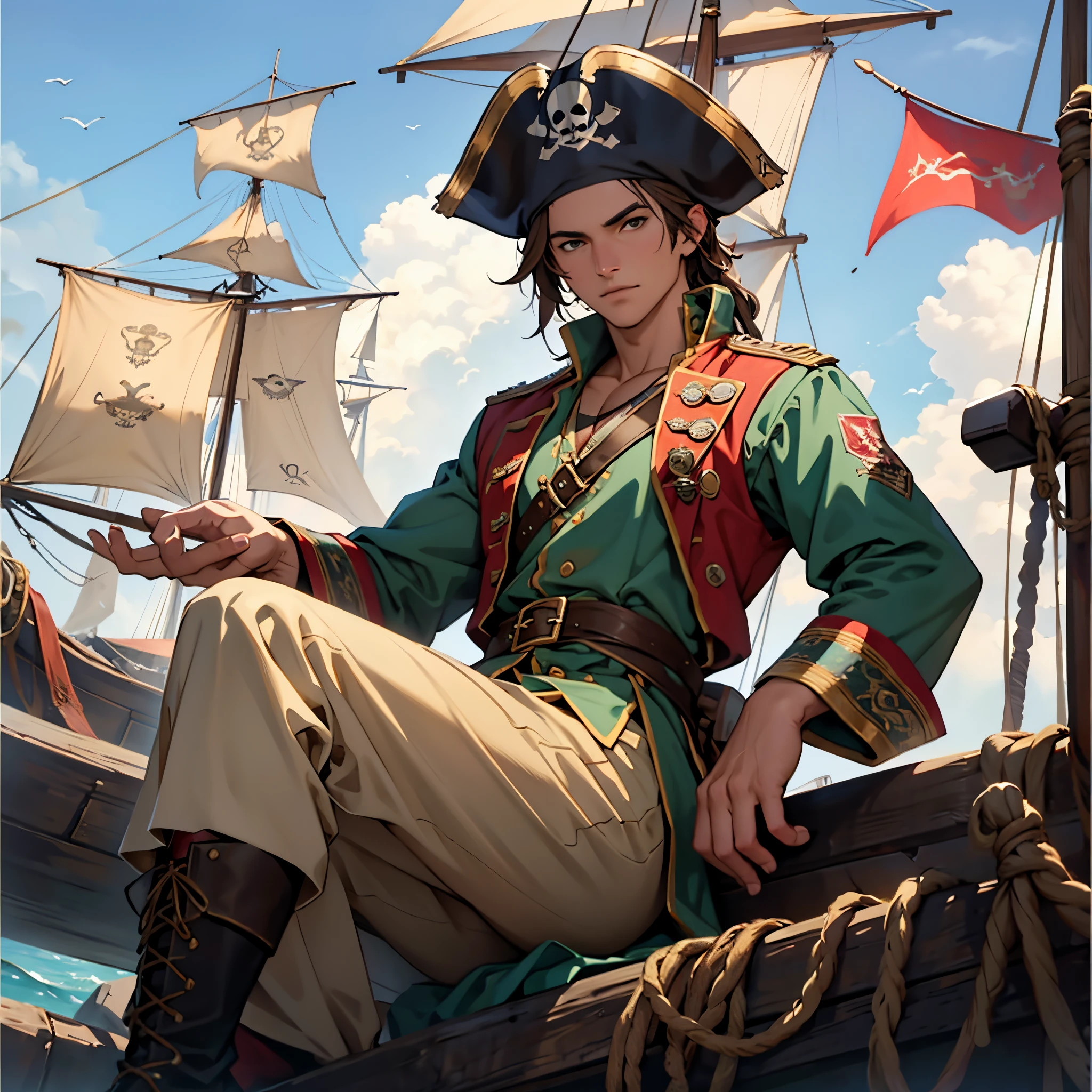 ​masterpiece, Best Quality, detailed, person upper body, Cinematics, 4k, Background with: pirate ship on the blue sea, brown haired pirate captain