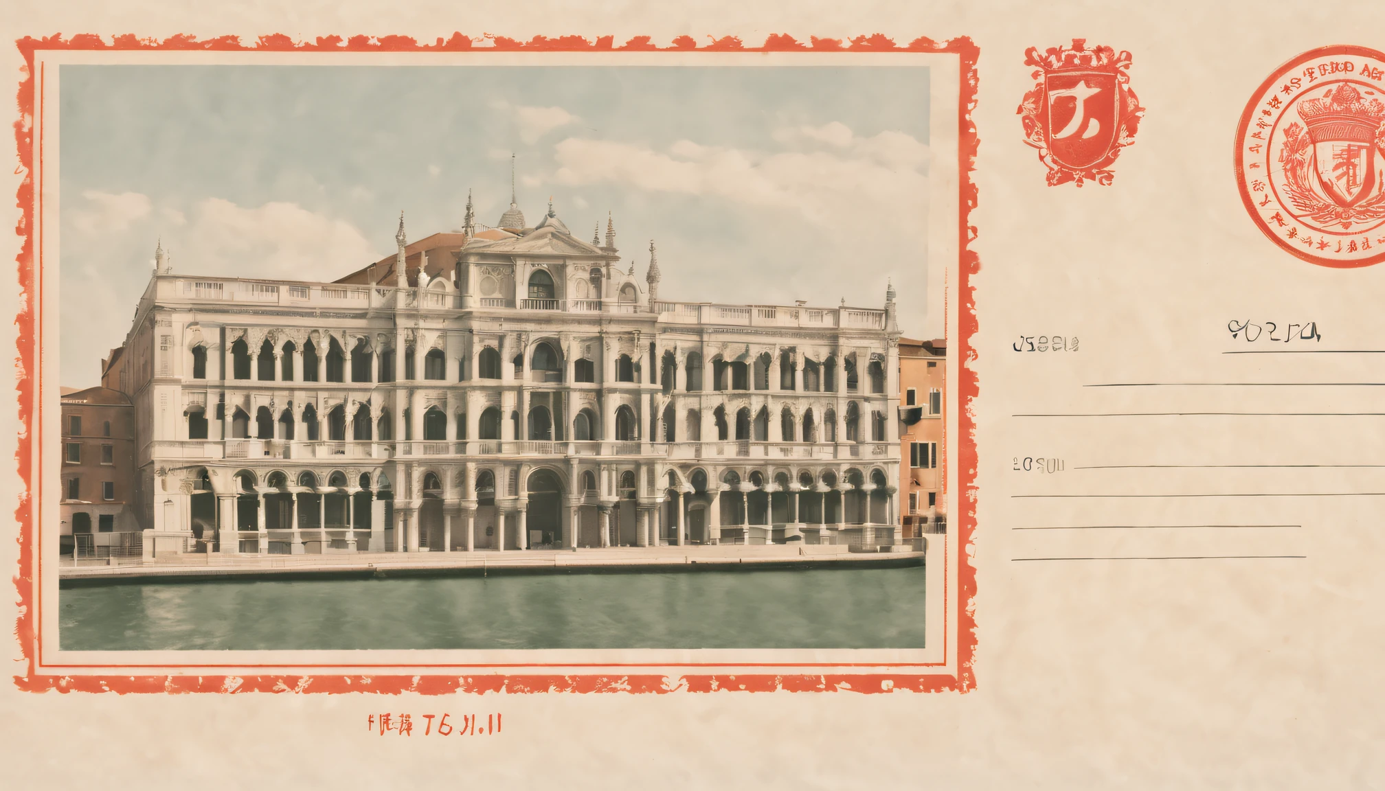 Postal postcard，Photo of Venetian palace on the front。Printed wireframe logo with stamp location and recipient address、Name format