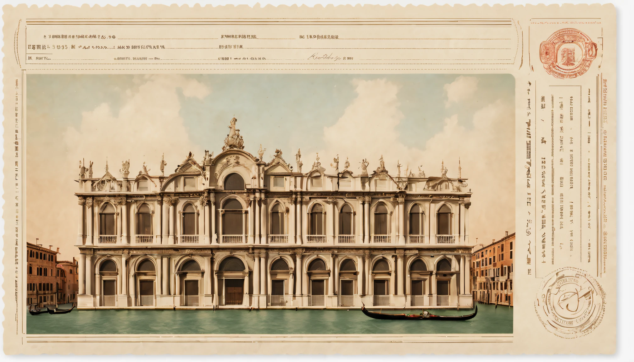 Postal postcard，Photo of Venetian palace on the front。Printed wireframe logo with stamp location and recipient address、Name format