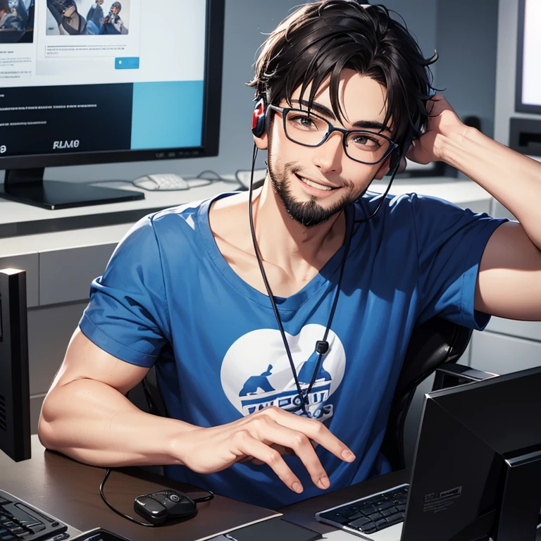 A 20 year's old boy, hair black, wearing glasses, have a little beard, smile face, wearing a gaming headphones on his neck, wearing blue t-shirt, looking at viewer
