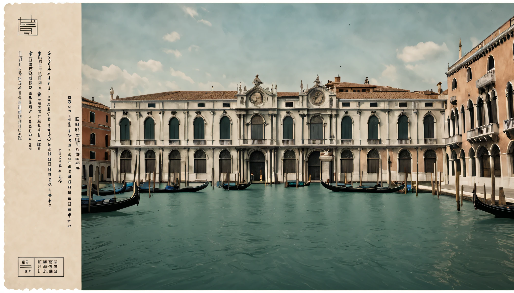 Postal postcard，Photo of Venetian palace on the front。Printed wireframe logo with stamp location and recipient address、Name format