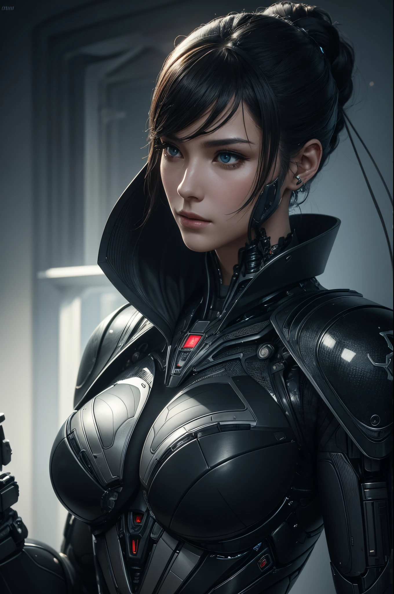 8K、Mechanical Lloyd with short black hair、skeleton mechanical roid girl、girl with exposed skeleton、detailed digital anime art、Glowing LED(effect)U3D rendering character art 8K、photorealistic girl rendering、8K high quality detail art、2。5d cgi anime fantasy artwork、Beautiful girl mechanical roid、Guweiz style artwork,超A high resolution,Super realistic texture,masterpiece,Photorealistic RAW photos of the highest quality。bright colors,rich colors, Backlight, cinematic lighting, film grain, to be born, 50MM lens, Nikon D850,super realistic skin,fantasy art,character art,ultra high resolution,realistic scale skin,Perfect hand shape,view audience,beautiful expression,Close-up,Camera eye effect with red left eye),Mechanical parts are exposed in several places.,Half of the face is a machine,