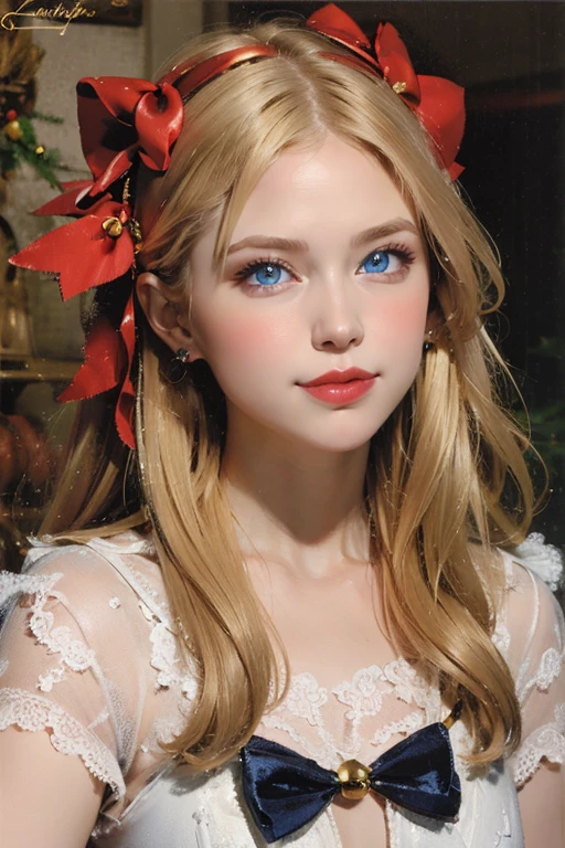 Cristmas style, 3D ,soft oil painting airbrushing style, realistic Women Long blond hair, red bow, blue eyes