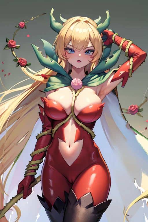 blonde hair, breasts, nude,naked, nipple long hair, large breasts, blue eyes, lipstick, navel, makeup, colored skin, thighhighs, cleavage, petals, elbow gloves, navel cutout, red gloves, bodysuit, thorns, cape, gloves, vines, (no rose)