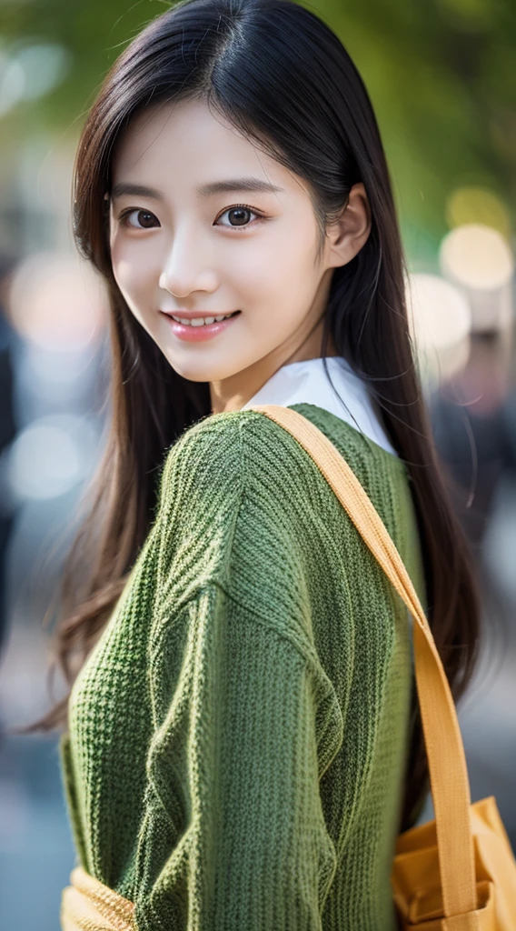 Top image quality、masterpiece、Beautuful Women、japanes、25-years old、In front of the station、(masuter piece:1.3)、(8k、Photorealsitic、RAW Photography、top-quality:1.4)、(1girl)、美丽的面容、(lifelike face)、(A dark-haired、realisticeyes、Beautiful details、(real looking skin)、knit、absurderes、enticing、ultra res、A hyper-realistic、high detal、the golden ratio、a smile、dual、Long