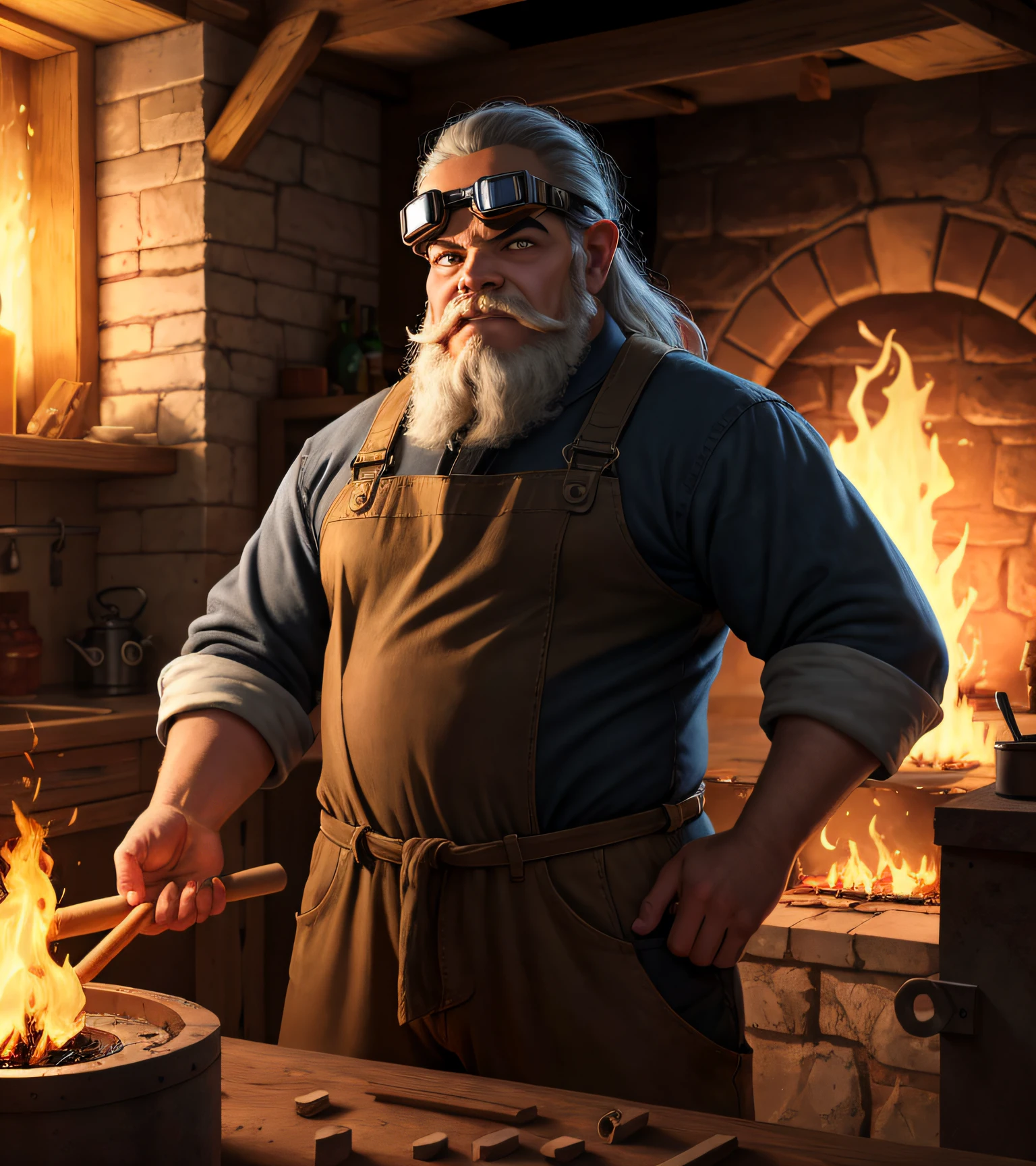 Draw a robust and experienced dwarf blacksmith named Ovric. Ele tem uma barba espessa e dessalinhada, cheia de fuligem da forja, que cai em ondas sobre seu peito. Your eyes are alive and bright, hidden by thick glasses that reflect the glow of the furnace flames. Veste um avental de couro gasto, stained with metal and charcoal residue, indicando anos de trabalho duro. Holds a two-handed hammer skillfully, um martelo que irradia uma aura quente, as if ready to spring into action at any moment. His posture is firm and determined, demonstrating confidence in your abilities as an experienced blacksmith. Ao fundo, projete-se a luz roxa da fornalha, criando sombras e destacando os contornos do ambiente ao seu redor.