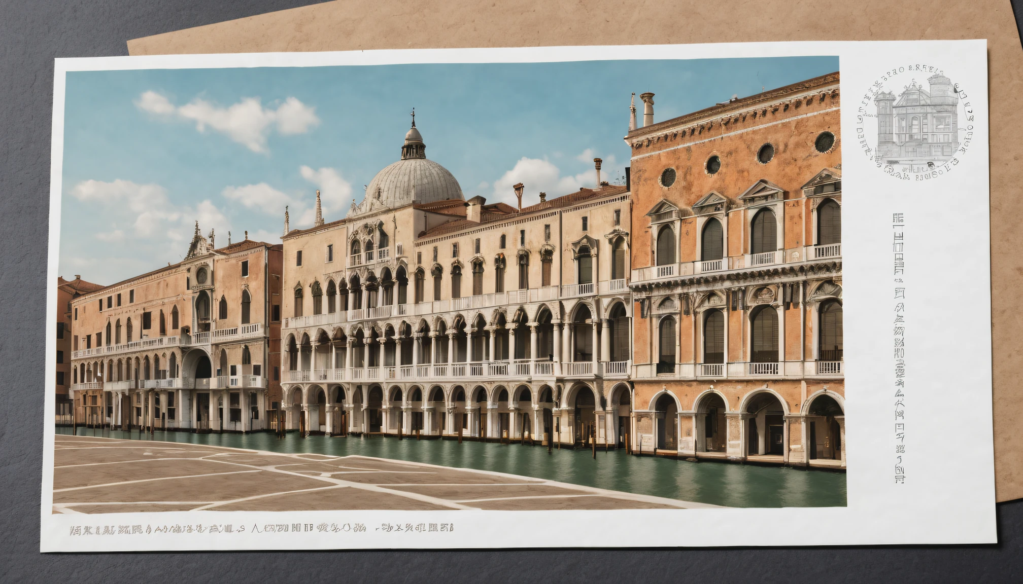 Postal postcard，Photo of Venetian palace on the front。Printed wireframe logo with stamp location and recipient address、Name format