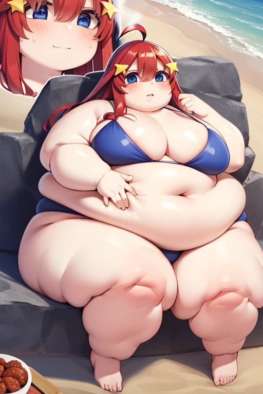 obese itsukinakano, obese itsuki nakano, bangs, blue eyes, hair between eyes, ahoge, red hair, star \(symbol\), hair ornament, star hair ornament, obese body, fat belly, fat arms, big cheeks, cute face, fat butt, thick thighs
BREAK white bikini
BREAK beach, much food
BREAK (masterpiece:1.2), best quality, high resolution, unity 8k wallpaper, (illustration:0.8), (beautiful detailed eyes:1.6), extremely detailed face, perfect lighting, extremely detailed CG, (perfect hands, perfect anatomy),