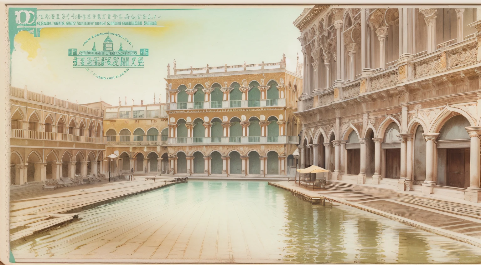 Postal postcard，Photo of Venetian palace on the front。Printed wireframe logo with stamp location and recipient address、Name format