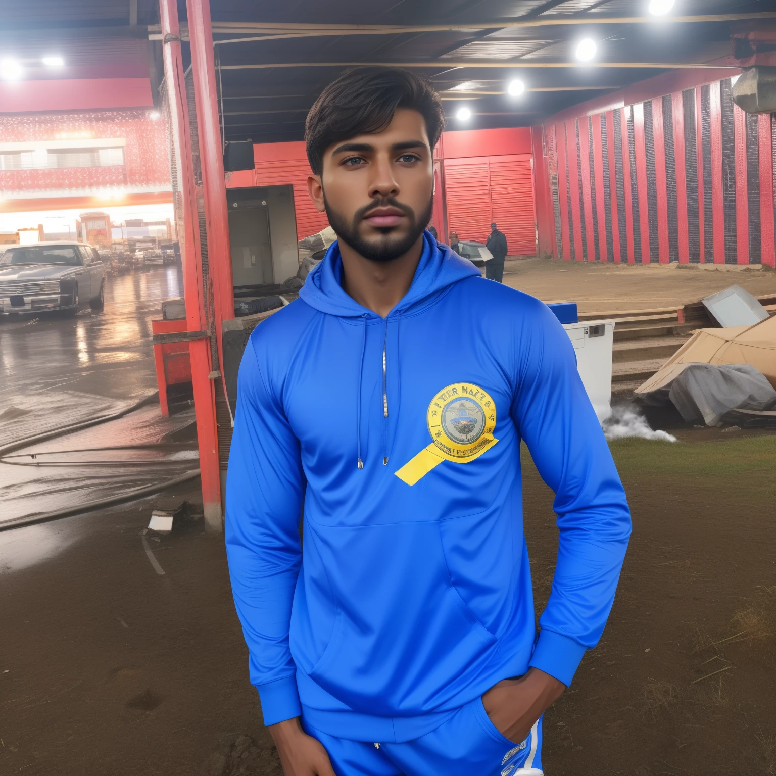 (master piece), (best quality), (4K), (movie), (cinematic), (Photorealism), (rendering), realistic, ultra detailed, perfect face, portrait frame, chest up, handsome man, gray hooded man, man 24 years old, medium beard, dark brown eyes, gray detailed and textured tracksuit, cloudy day, white clouds, cold colors, from the front, gorgeous, looking at camera, cold blurred background, low to high lighting