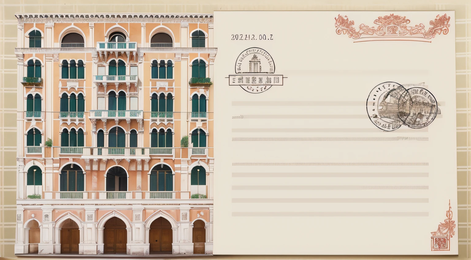 Postal postcard，Photo of Venetian palace on the front。Printed wireframe logo with stamp location and recipient address、Name format