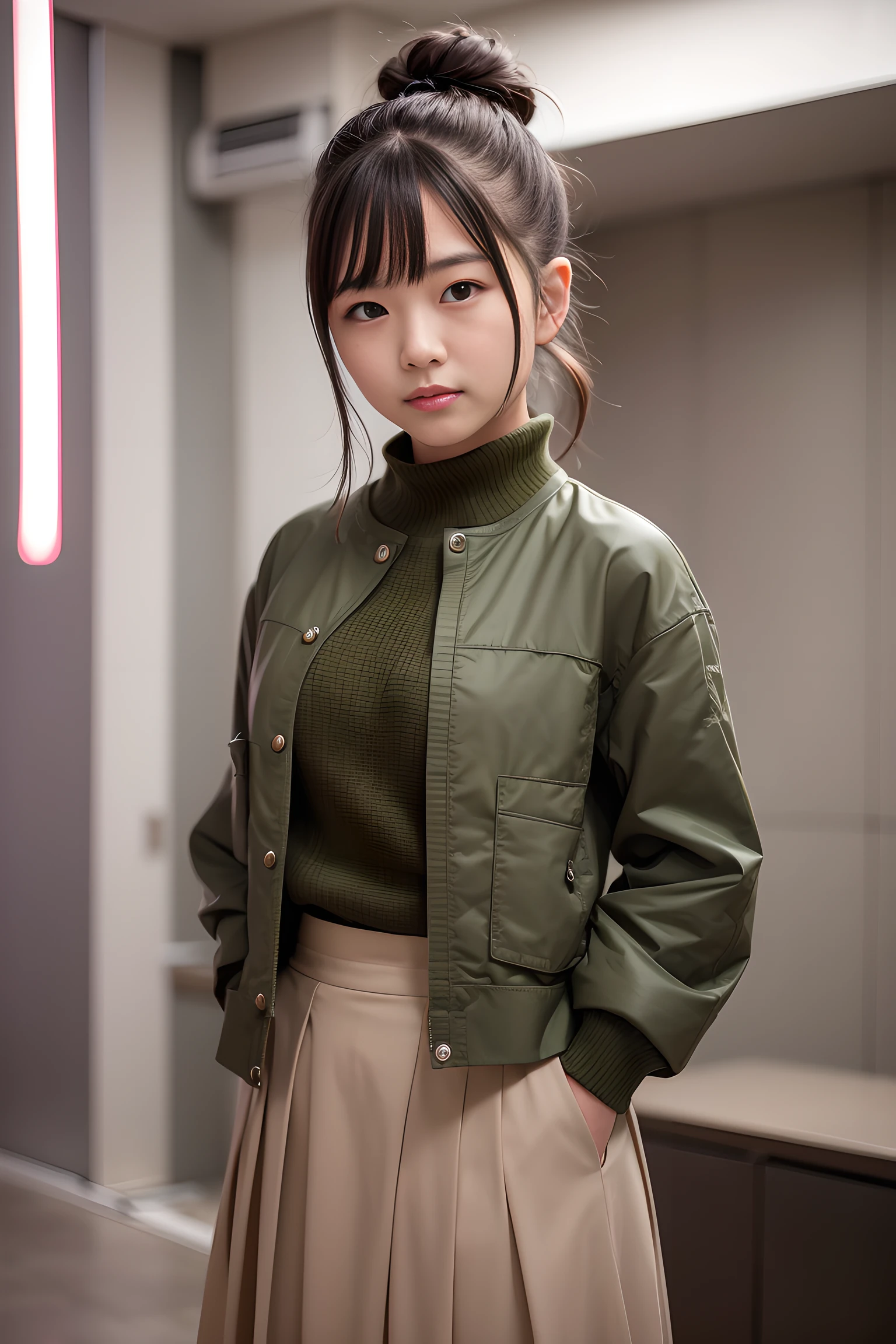 Cute girl at 18 years old, bangss, ((She is wearing a moss green military jacket and long skirt.。))), （Grinning smile）、hair in bun、natta、（Futuristic cyberpunk neon room background）、a baby face、独奏、Suppin、小柄、japanaese girl、tiny chest、famous Japan idol、 8K UHD、Raw photography、a japanese girl、、​masterpiece、Raw photography、realperson、Raw photography、超A high resolution、Photorealsitic、top-quality、(High Detail Skin、Skin Details)、Visible Pore、shinny skin、​masterpiece、credibly_absurderes、finely detail、colorized、extremely delicate and beautiful、Very detailed 8k wallpaper、8K High Quality、