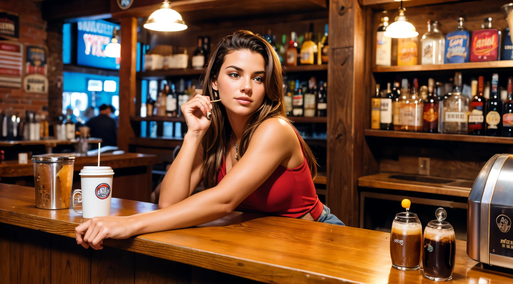 Authentic bar, 90's, Delicious looking coffee, Female college student working part-time,