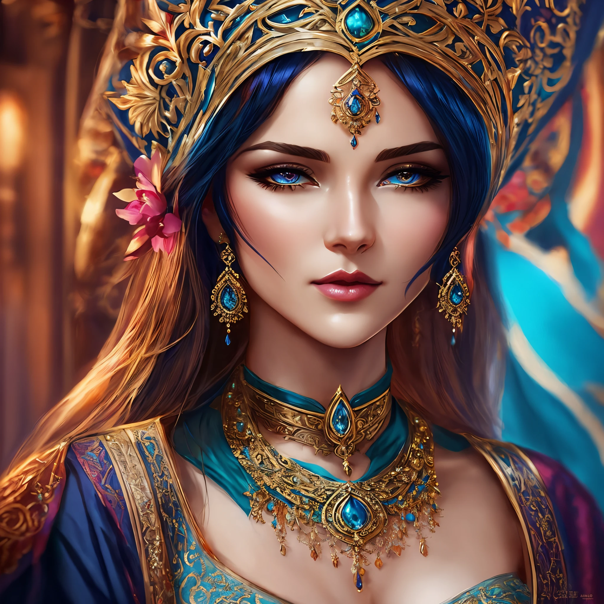 a woman in a blue dress with a tia and a necklace, ornate , a beautiful fantasy empress, fantasy art behance, beautiful and elegant elf queen, beautiful elf with ornate robes, artgerm julie bell beeple, 4k fantasy art, epic fantasy art portrait, epic fantasy art style hd, 8k fantasy art, elegant cinematic fantasy art