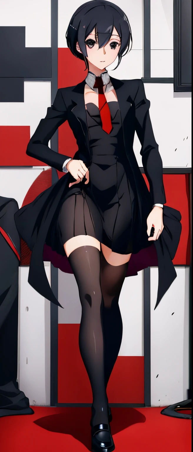 Anime girl posing in black dress and red tie,  Detailed pubic hair. Girly frontline style, Anime full body illustration,  Sick. tall, Anime girl in black dress, Anime cute art style, Anime girls, Sick，Sexual turn，cabelos preto e longolacksilk