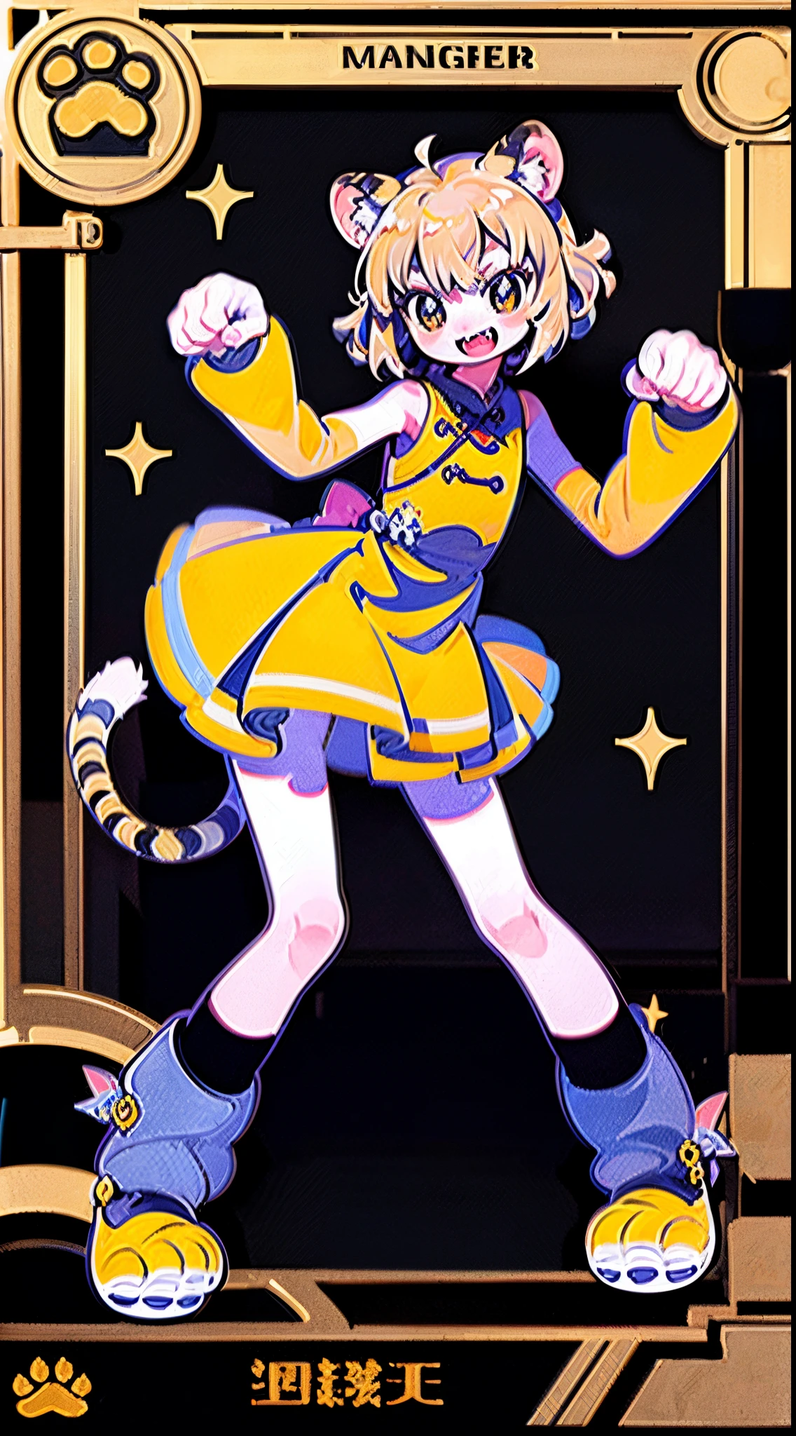 Masterpiece, best quality, high quality, ultra detailed, full body, digital art, Personification of the tiger, Yuru Chara Style, Cheongsam, smirk, open mouth, fangs, fangs out, sharp teeth, paw pose