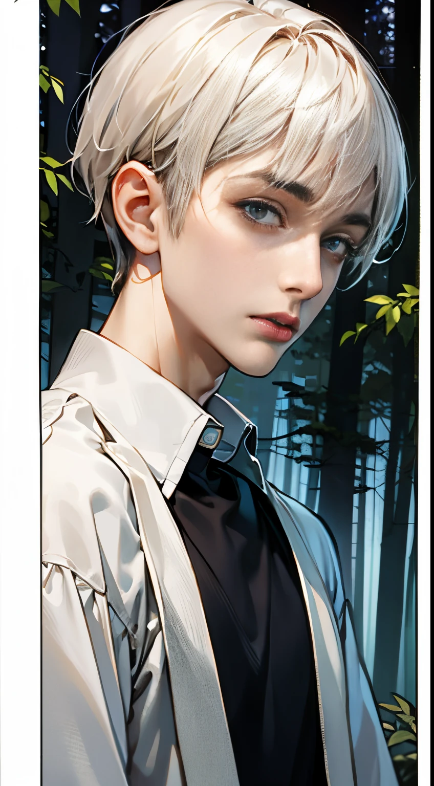 ​masterpiece, top-quality, ighly detailed, Convoluted, 1 male, Shorthair, Smooth and beautiful skin, Looking at Viewer, Night, Accurately and beautifully depict faces and bodies, twinks, Slender body, White long sleeve shirt, tall, In the dark forest, Too beautiful face, Overgrown trees々, dark backgrounds, Realistic Trees々Depiction of, deep in the night, total darkness, Fair skin, Skin as clear as porcelain, Transparent skin, Dark