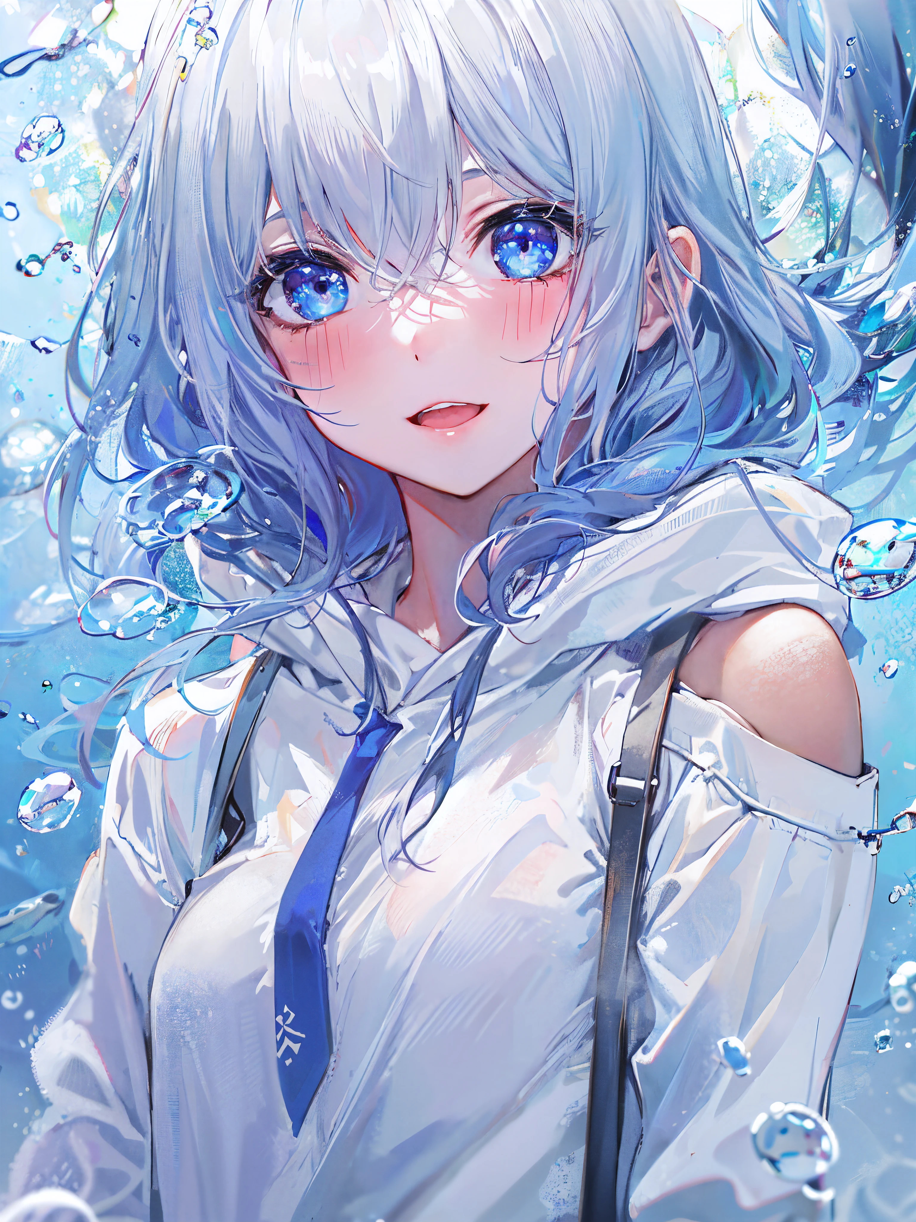((top-quality)), ((masterpiece)), ((ultra-detailliert)), (Extremely delicate and beautiful), girl with, report, cold attitude,((White hoodie)),She is very(relax)with the(Settled down)Looks,depth of fields,Evil smile,Bubble, under the water, Air bubble,Underwater world bright light blue eyes,inner color with bright gray hair and light blue tips,,,,,,,,,,,,,,,,,,,,,,,Cold background,Bob Hair - Linear Art, shortpants、knee high socks、White uniform like school uniform、Light blue ribbon ties、Clothes are sheer、The hand in my right pocket is like a sapphire,Fronllesse Blue, A small blue light was floating、fantastic eyes、selfy,Self-shot、Bangs fall on the eyes, give a sexy impression.