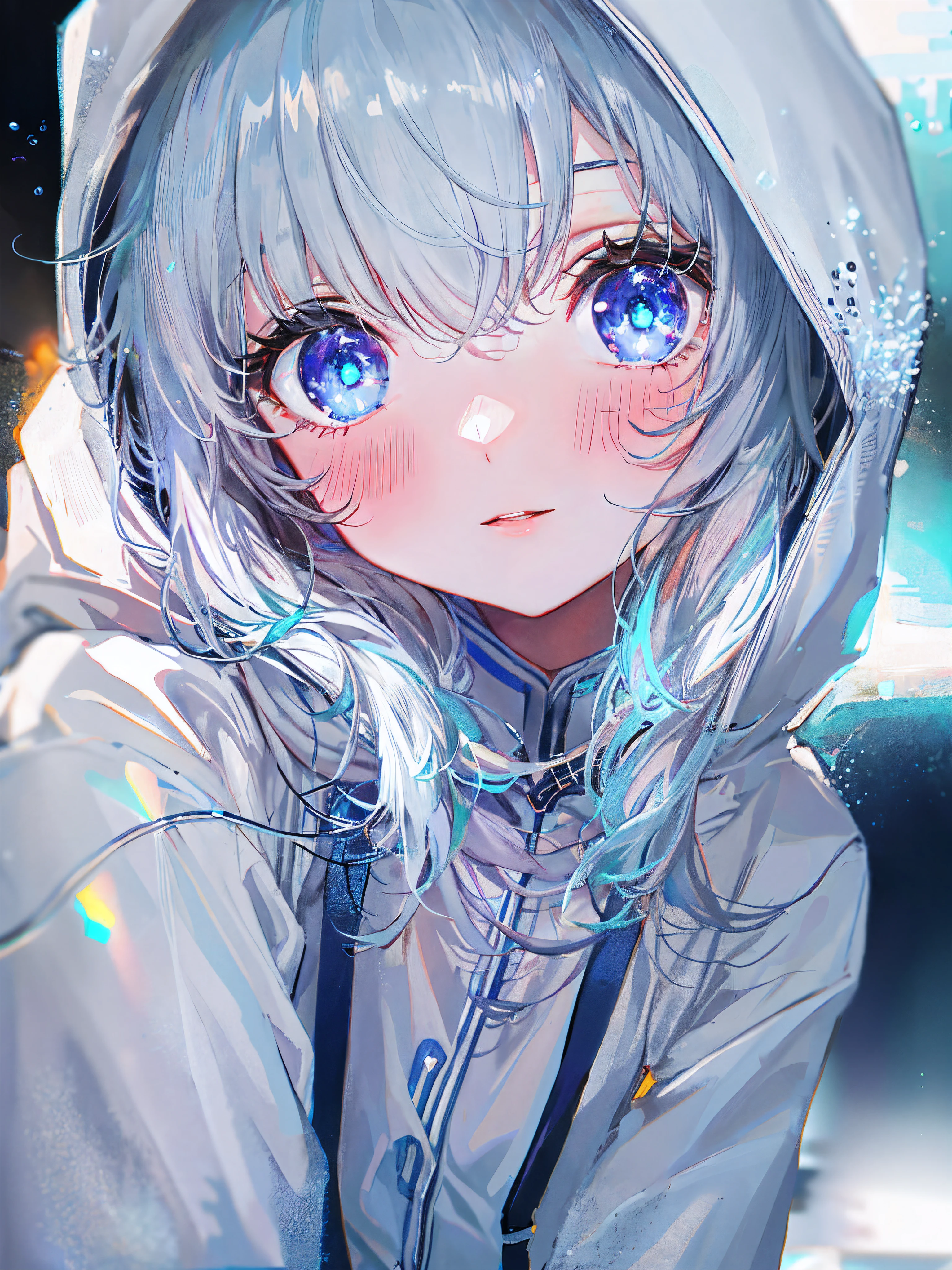 ((top-quality)), ((​masterpiece)), ((ultra-detailliert)), (Extremely delicate and beautiful), girl with, report, cold attitude,((White hoodie)),She is very(relax)with  the(Settled down)Looks,depth of fields,Evil smile,Bubble, under the water, Air bubble,Underwater world bright light blue eyes,inner color with bright gray hair and light blue tips,,,,,,,,,,,,,,,,,,,,,,,Cold background,Bob Hair - Linear Art, shortpants、knee high socks、White uniform like school uniform、Light blue ribbon ties、Clothes are sheer、The hand in my right pocket is like a sapphire,Fronllesse Blue, A small blue light was floating、fantastic eyes、selfy,Self-shot、Bangs fall on the eyes, give a sexy impression.