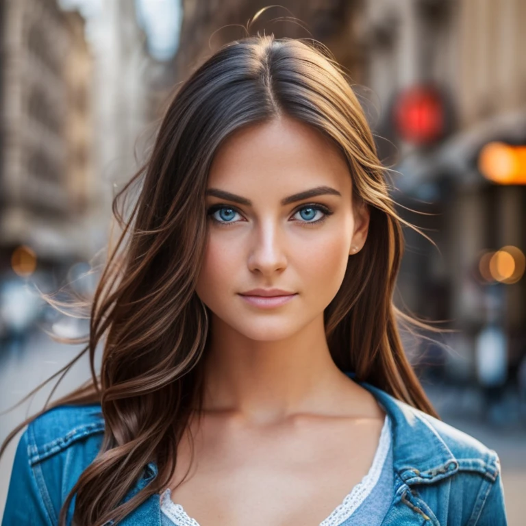 Beautiful, pretty, perfect face, 21 year old girl with beautiful blue eyes, both eyes are the same, perfect face, very attractive, sexy look, jawline, Closeup shot, Woman standing, body and head straight in photo, facing the viewer of the photo, eyes staring at the lens, appears shoulders and head in the photo, ultra realistic photo with great details, portrait of woman standing on the street, perfect lighting, DSRL, 4k, rich in detail in face, eyes, mouth,  nose and hair.