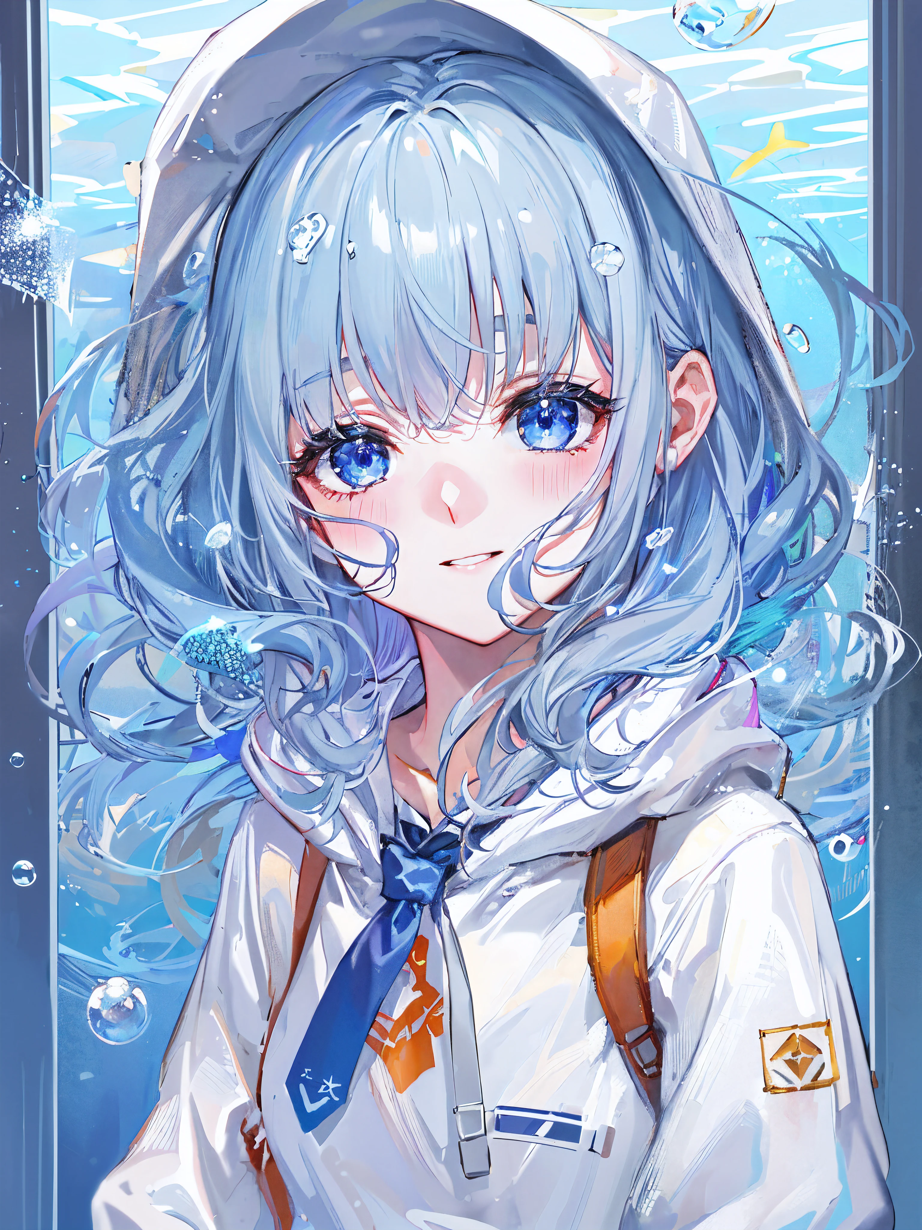 ((top-quality)), ((​masterpiece)), ((ultra-detailliert)), (Extremely delicate and beautiful), girl with, report, cold attitude,((White hoodie)),She is very(relax)with  the(Settled down)Looks,depth of fields,Evil smile,Bubble, under the water, Air bubble,Underwater world bright light blue eyes,inner color with bright gray hair and light blue tips,,,,,,,,,,,,,,,,,,,,,,,Cold background,Bob Hair - Linear Art, shortpants、knee high socks、White uniform like school uniform、Light blue ribbon ties、Clothes are sheer、The hand in my right pocket is like a sapphire,Fronllesse Blue, A small blue light was floating、fantastic eyes、selfy,Self-shot、Bangs fall on the eyes, give a sexy impression.