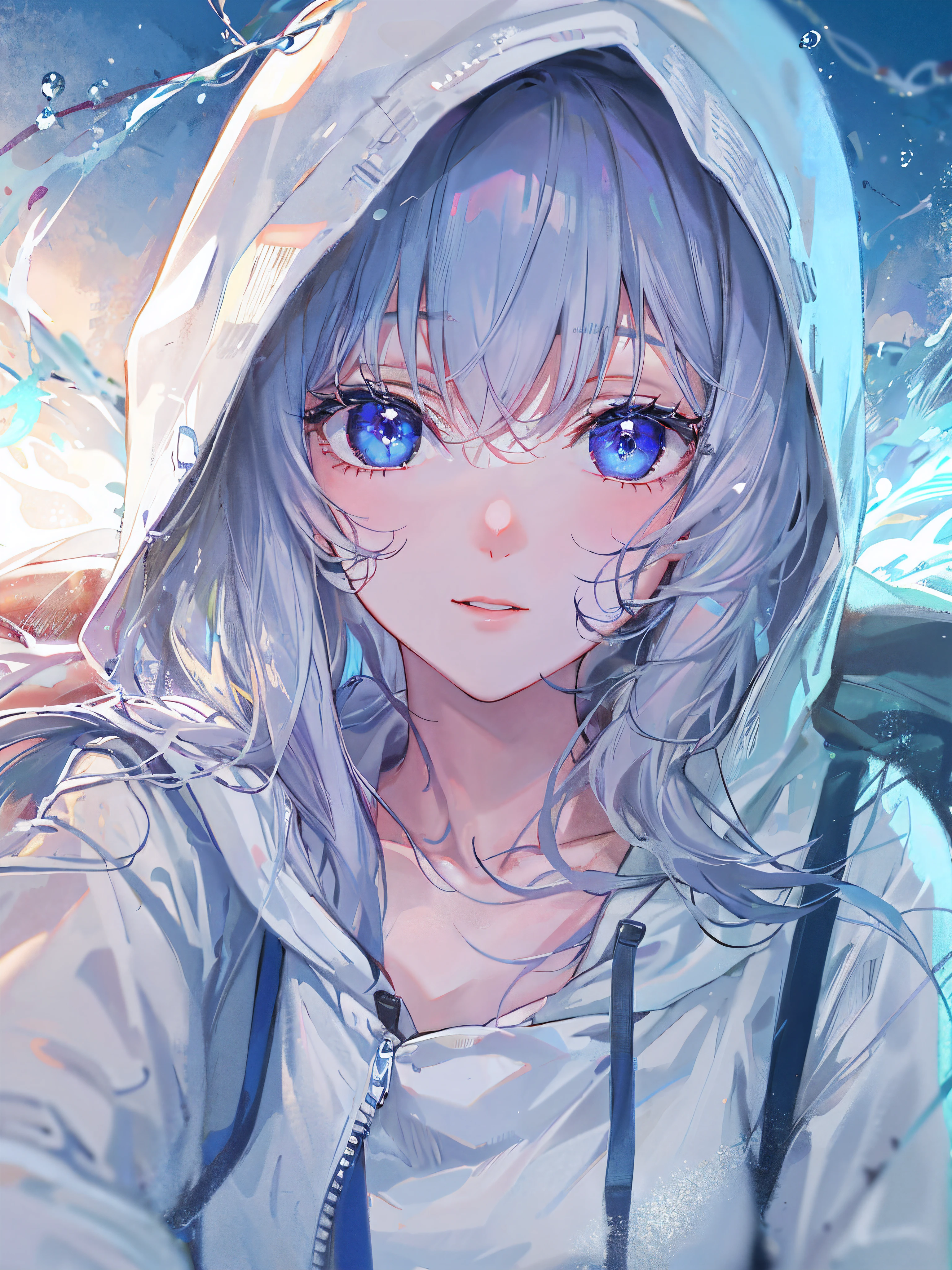 ((top-quality)), ((masterpiece)), ((ultra-detailliert)), (Extremely delicate and beautiful), girl with, report, cold attitude,((White hoodie)),She is very(relax)with the(Settled down)Looks,depth of fields,Evil smile,Bubble, under the water, Air bubble,Underwater world bright light blue eyes,inner color with bright gray hair and light blue tips,,,,,,,,,,,,,,,,,,,,,,,Cold background,Bob Hair - Linear Art, shortpants、knee high socks、White uniform like school uniform、Light blue ribbon ties、Clothes are sheer、The hand in my right pocket is like a sapphire,Fronllesse Blue, A small blue light was floating、fantastic eyes、selfy,Self-shot、Bangs fall on the eyes, give a sexy impression.