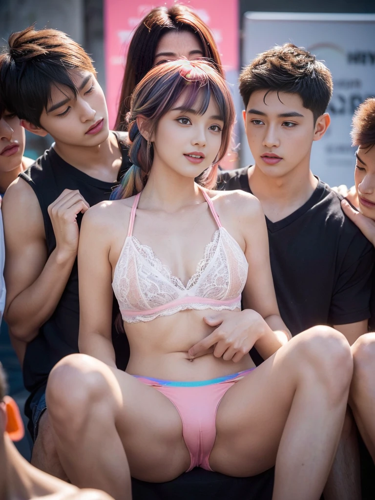 (sexual harassment,Chest grabbing,A group of boys surround a Boyish handsome girl,Boys surround a boy-handsome girl from different directions:1.7),(The only girl,Boyish handsome girl,Showing her crotch to the audience,random Seductive pose,Half recumbent,Lean back,squatting pose,Spread your legs to the sides,The crotch raised,A seductive smile),(Stylish hairstyle,Design intricate hairstyles,Hair of many colors,random color hair,Cute hairstyle,Multi-colored hair,Rainbow color pick-dye,Asymmetrical hairstyle,Thick bangs),(lace panty,There are strangulation marks on the panties)